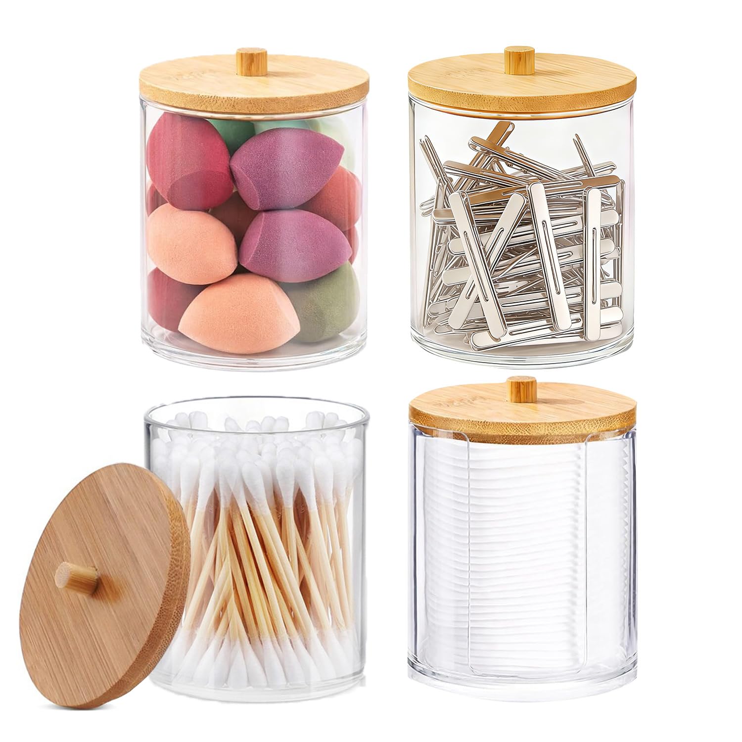 4 Piezas Dispensadores Acrílicos, Recipientes de Baño, Dispensador de Algodón Acrílica, con Tapa, Algodón con Tapas, Discos Desmaquillantes, en El Baño y El Tocador