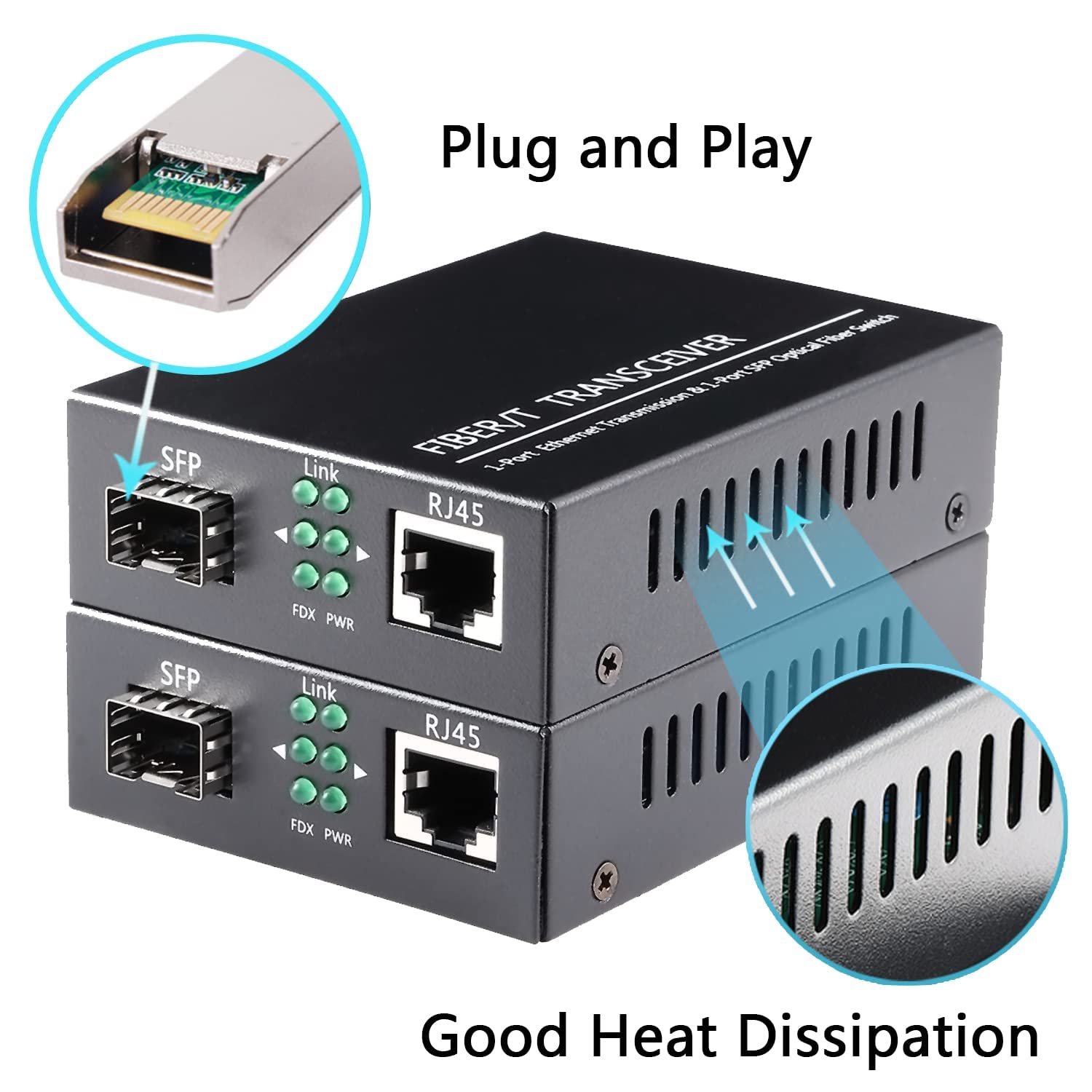 Un paio di convertitori multimediali Ethernet da 1,25 G/s Bidi Gigabit in fibra ottica con 2 moduli ricetrasmettitori Bidi SFP LC inclusi, SX SMF RJ45 a slot SFP fino a 30 KM