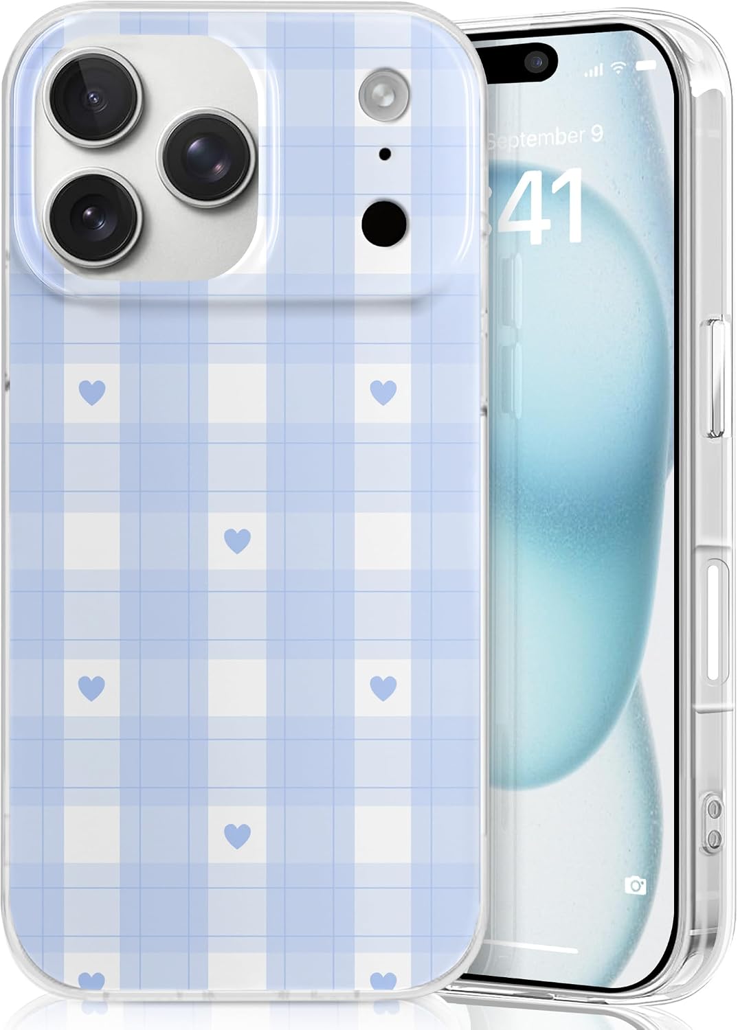 Compatible with iPhone 17 Pro Max Case, Cute Plaid with Hearts Design, Slim Hard PC iPhone 17 Pro Max Cases for Women-Blue Plaid Hearts