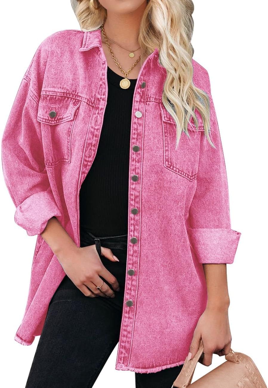 Vetinee Women’s Oversized Button Up Frayed Hem Shacket Long Sleeve Pockets Denim Jean Jacket - Image 8