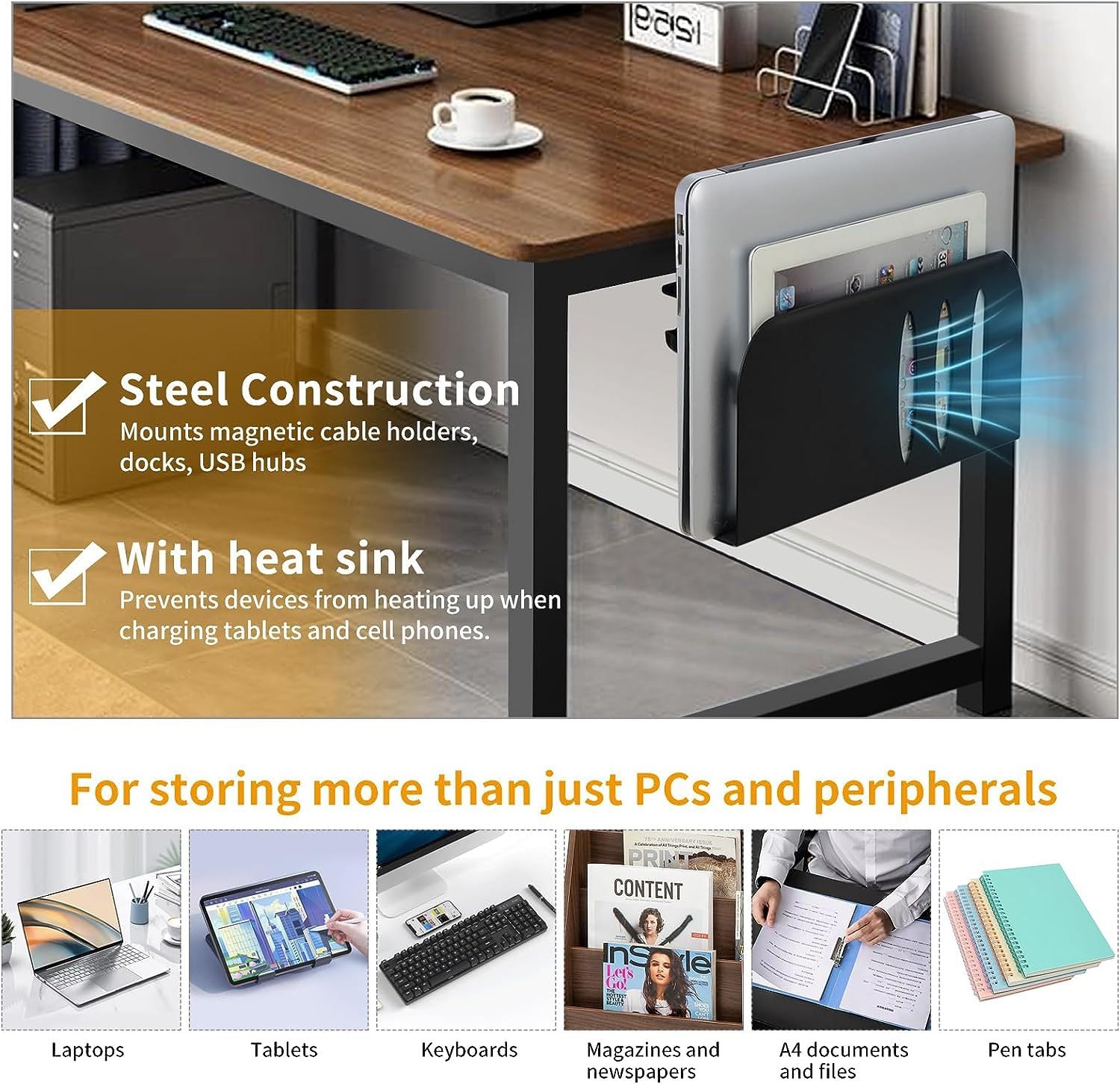 Seitlicher Schreibtisch-Organizer, Laptop-Halter Mit Magnetischem Stifthalter Und 2 Drahtklemmen, Rutschfester Und Kratzfester Metall-Schreibtisch-Organizer Unter Dem Schreibtisch