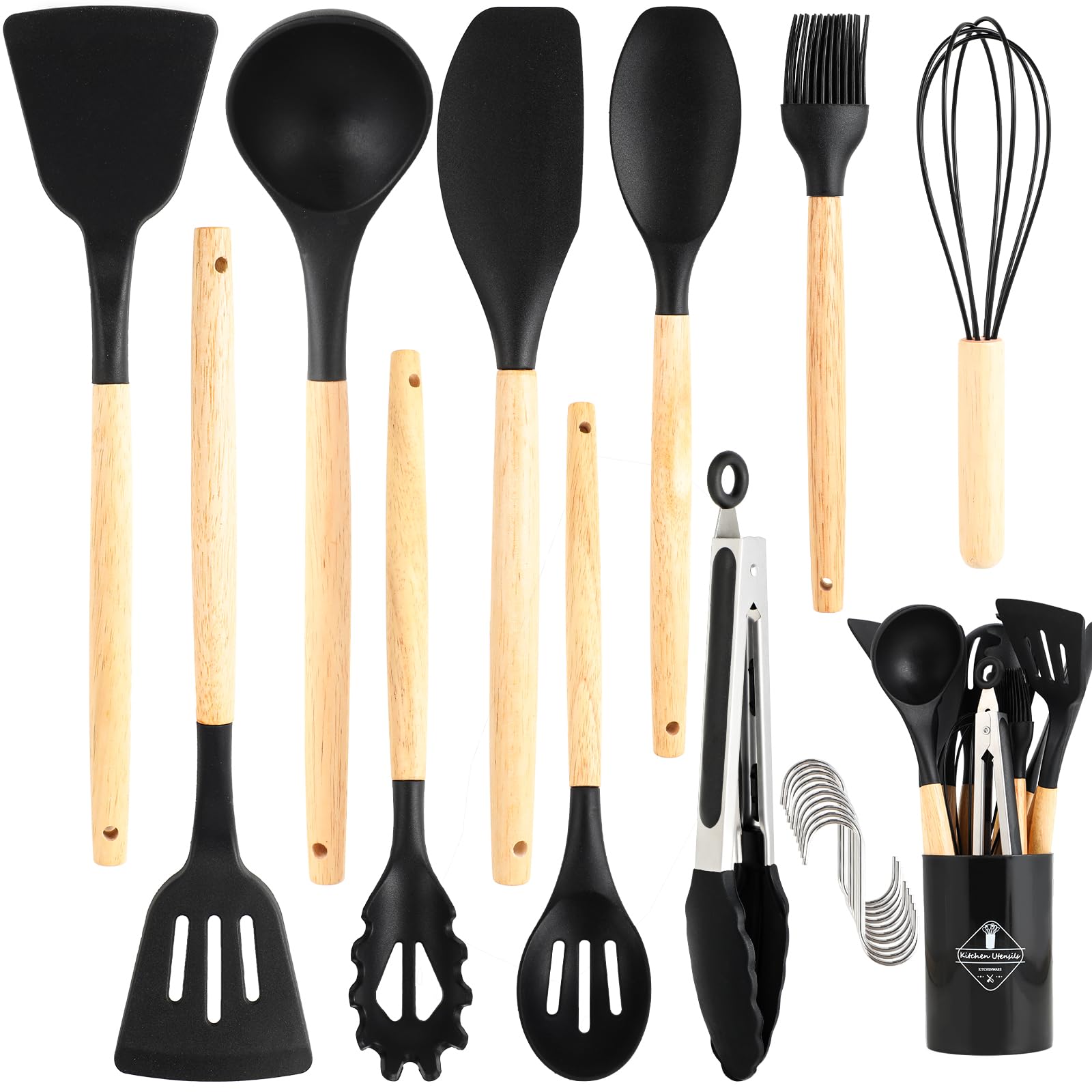 Set 22 Pezzi Utensili Cucina In Silicone Con Manico In Legno – Antiaderenti, Resistenti Al Calore, Con 10 S-Hook E Porta Mestoli – Facili Da Pulire, Nero