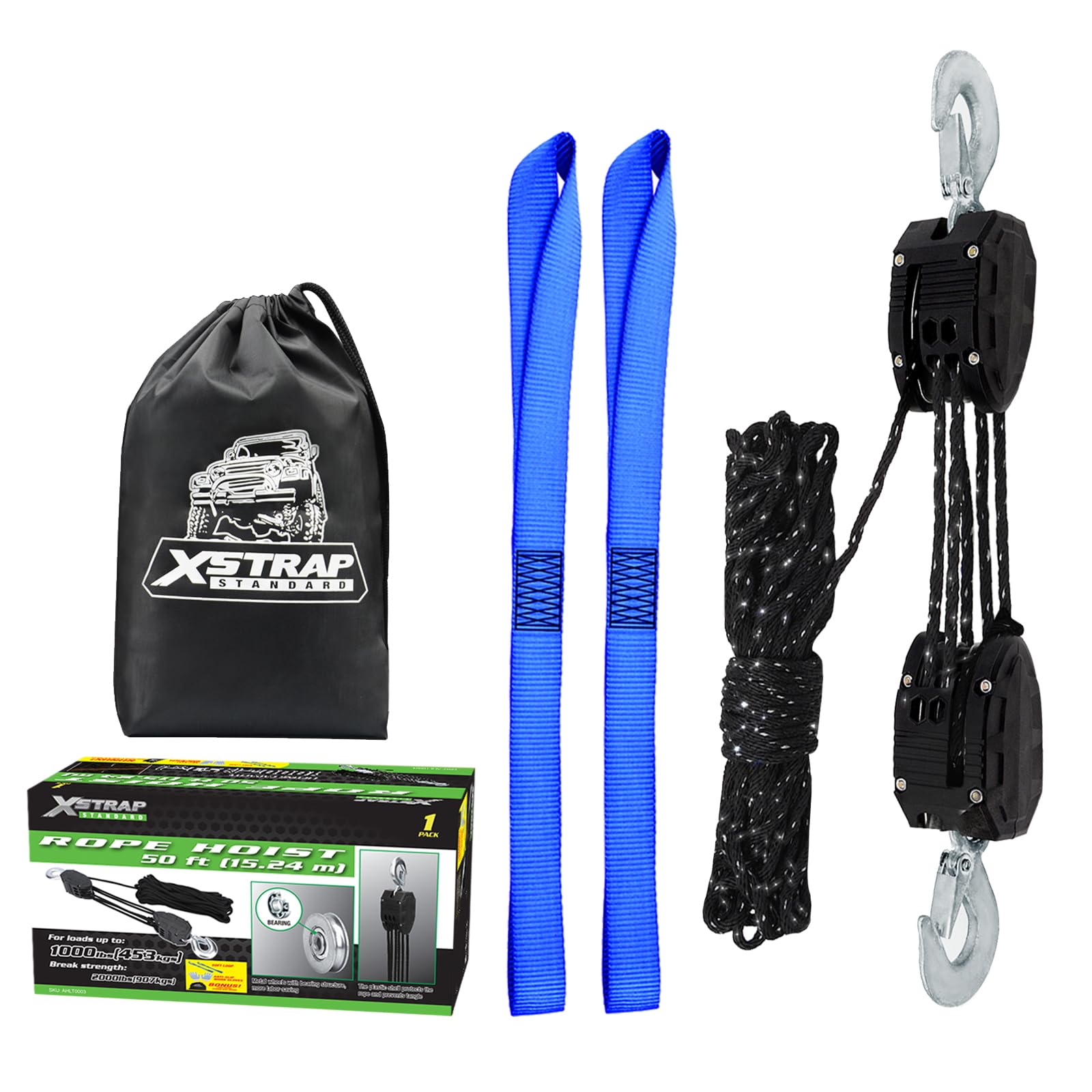 XSTRAP STANDARD Heavy-Duty 2,000LB Reflective Rope Hoist Pulley 50 Feet Wheel Block and Tackle System with 2PK 18 Inch Soft Loops for Animal Husbandry, Garage, Warehouse, Constructions