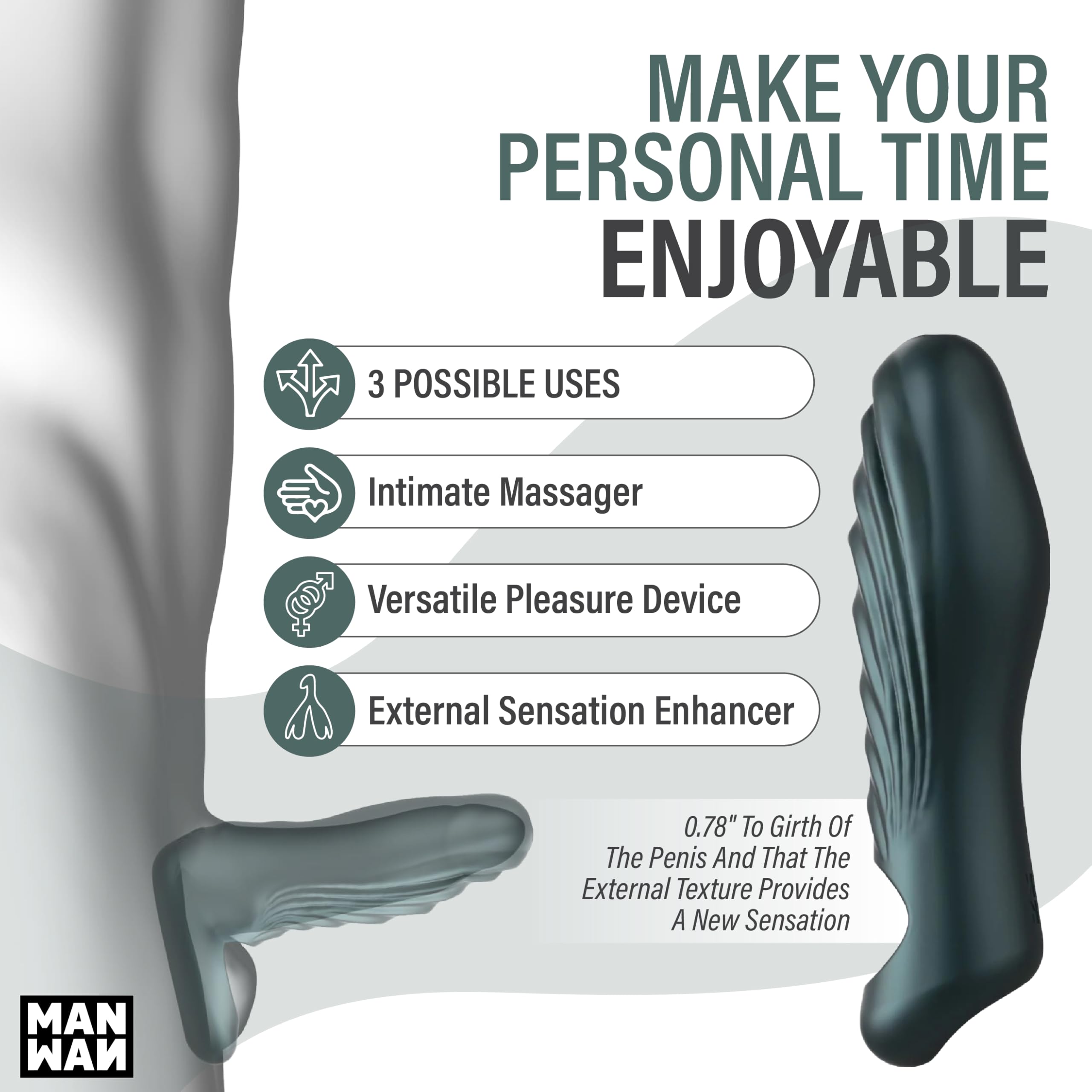 Man WAN Ryzer – Masturbatore Maschile & Guaina Peniena in Silicone Morbido, Sextoy Maschile con Interno ed Esterno Testurizzati, Anello Penieno Integrato, Aumento della Circonferenza - Gris Foncé