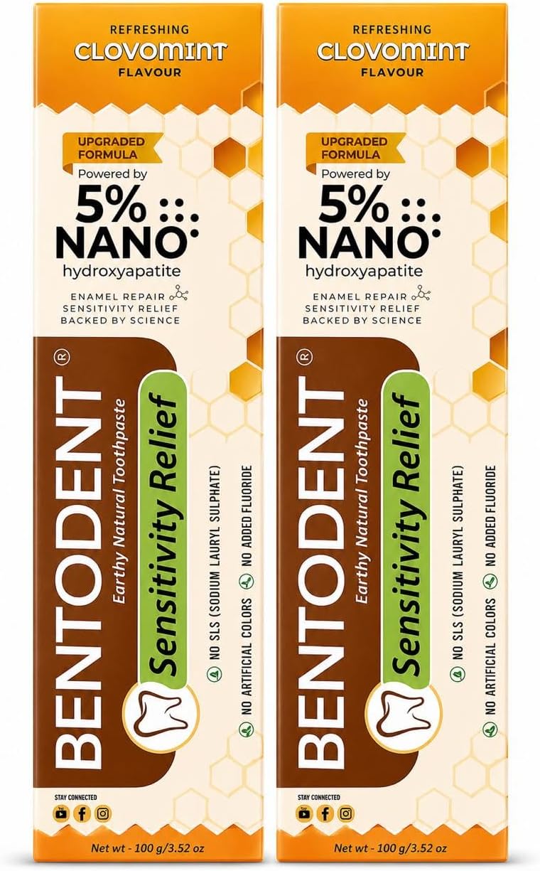 Bentodent Sensitive Toothpaste – Natural Sensitivity Relief with 5% Nano Hydroxyapatite, Clove & Mint, Bentonite Clay & Propolis, SLS-Free, No Added Fluoride, Pack of 2 (100g Each)