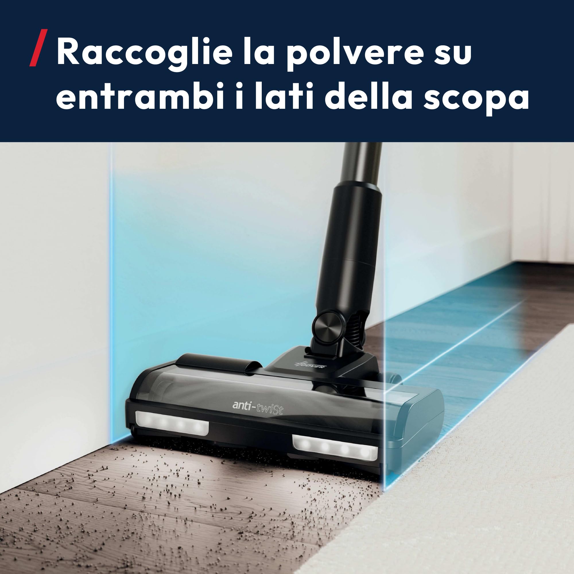 Hoover HF1 CORE Scopa Elettrica Senza Fili, spazzola multi-superficie con Tecnologia Anti-Twist, 3 modalità di potenza, Autonomia 50 Minuti, QuickPark, luci LED, 200W [XEUF1CHX]