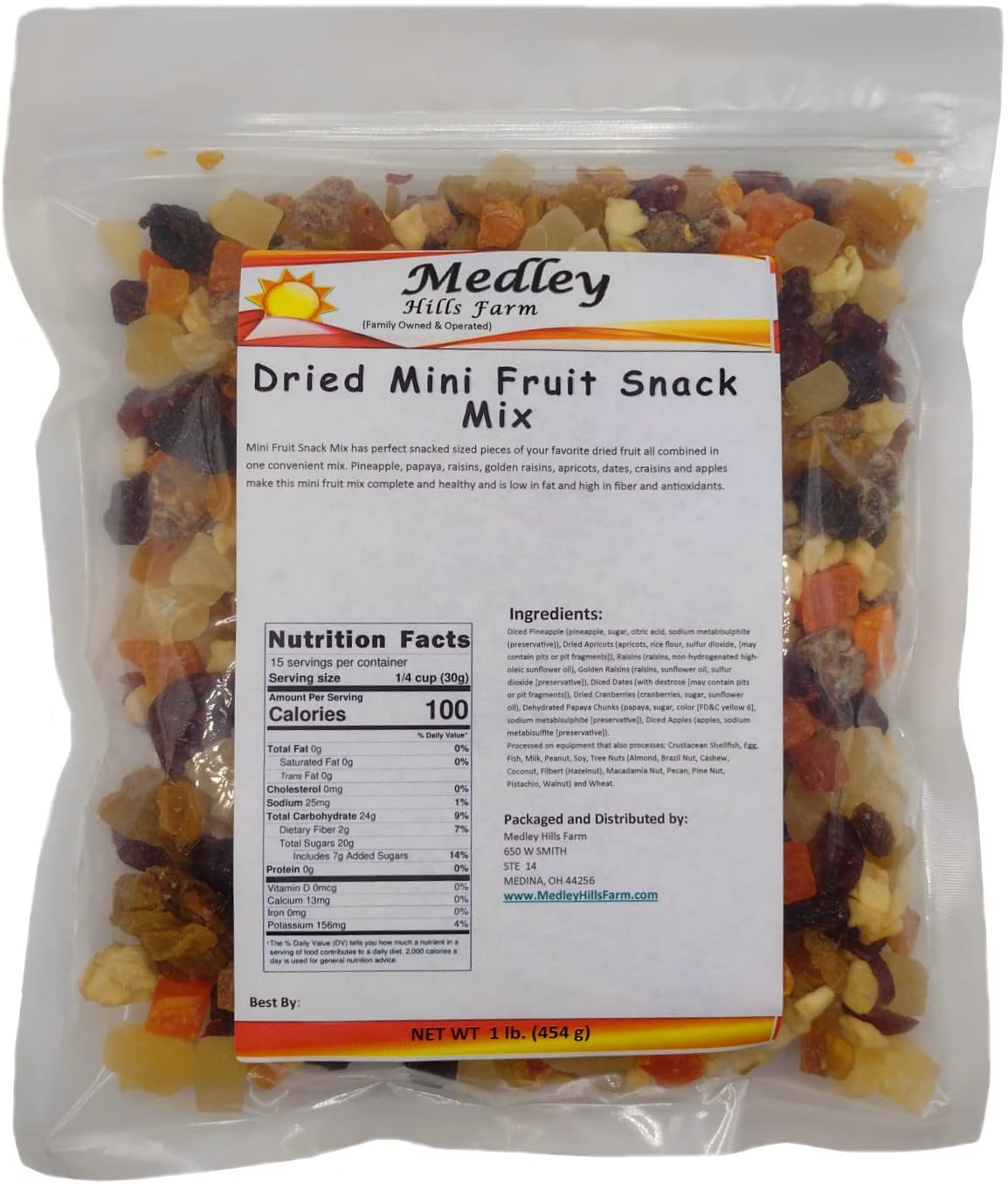 Medley Hills Farm dried Mini Fruit Snack Mix | Pineapple, papaya, raisins, golden raisins, apricots, dates, craisins and apples | 1 lb