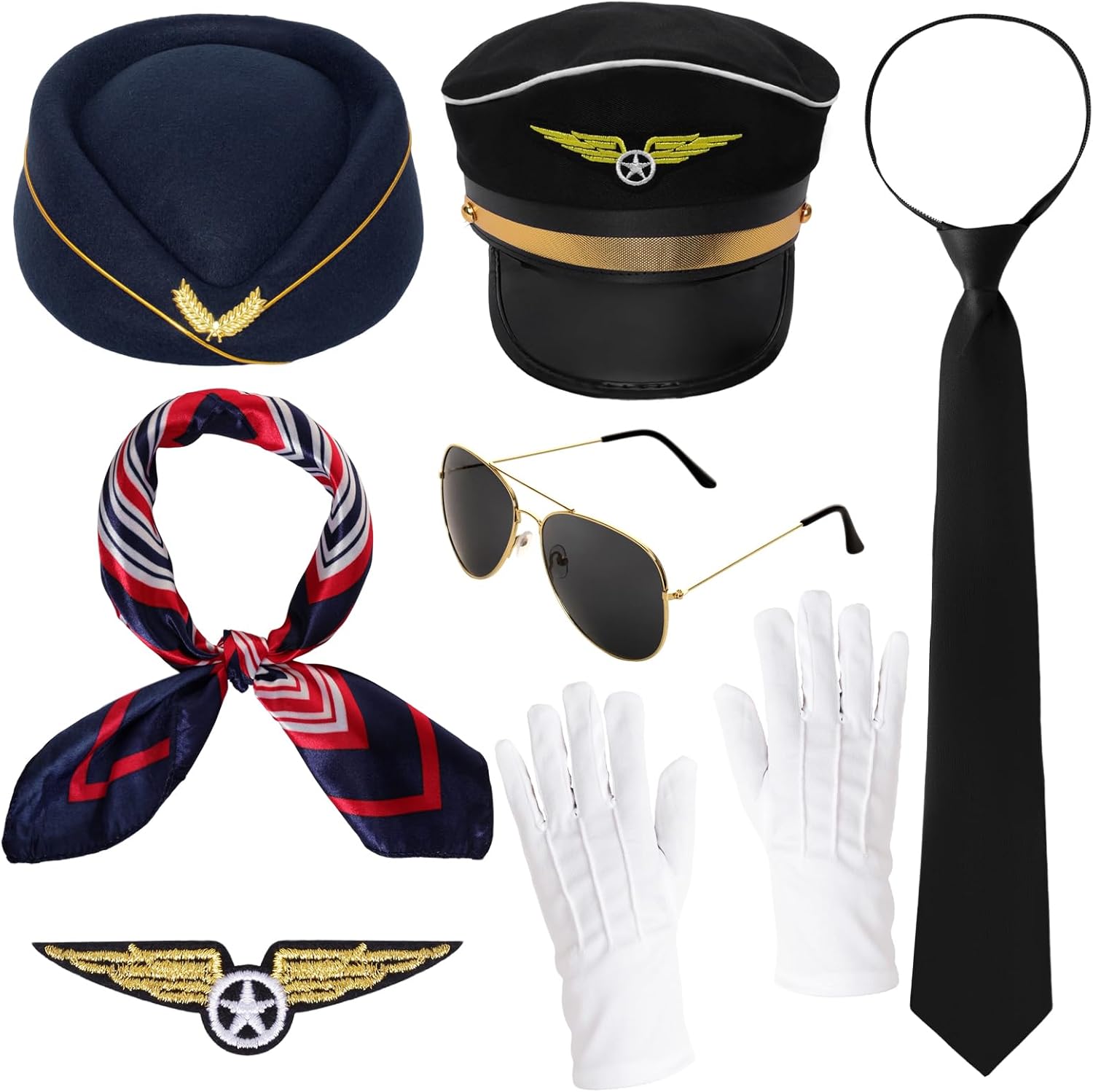 Gvhntk Pilot Captain Costumes Flight Attendant Stewardess Accessories Hat Sunglasses Scarf for Adult Halloween Cosplay Party
