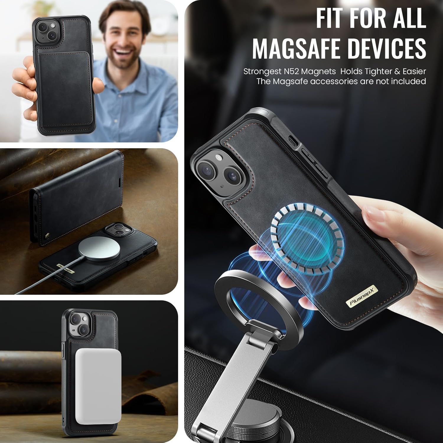 Wallet Case for iPhone 15 Plus Compatible with Magsafe, 2-in-1 PU Leather Flip RFID Blocking Card Holder Stand Shockproof Magnetic Detachable Cover for iPhone 15 Plus Case 6.7", Black