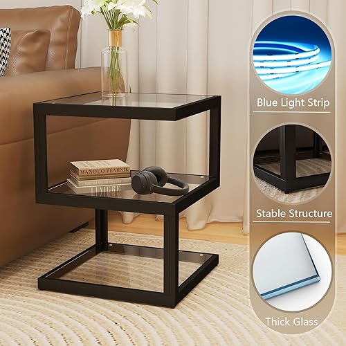 Miniatura 4 de Mesa auxiliar de cristal, mesa auxiliar de 3 niveles con tira LED, mesa de diseño único en forma de S para sala de estar y mesita de noche,