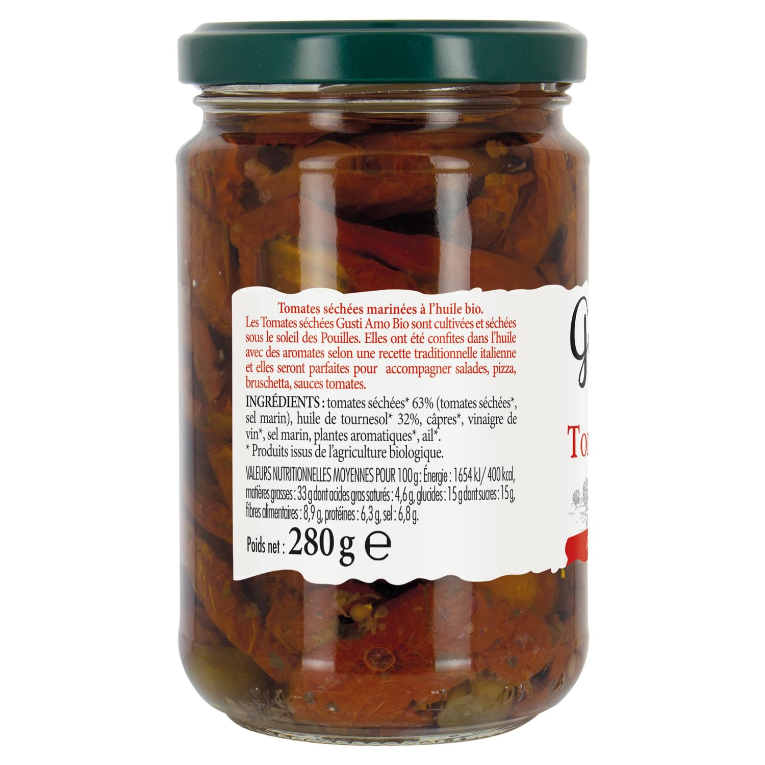Saveur italienne authentique — GUSTI AMO BIO Tomates séchées au soleil des Pouilles confites dans l'huile, format 280g - Lot de 3