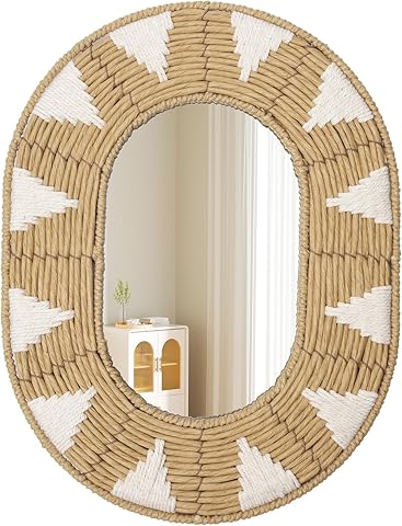 Oairse Espejos de Pared de Ratán Ovalados Espejo de Pared Rústico de Madera Tejido a Mano Espejos Bohemios para Colgar en la Pared Decoración para Hogar Baño Sala de Estar Entrada Dormitorio, 42 cm x