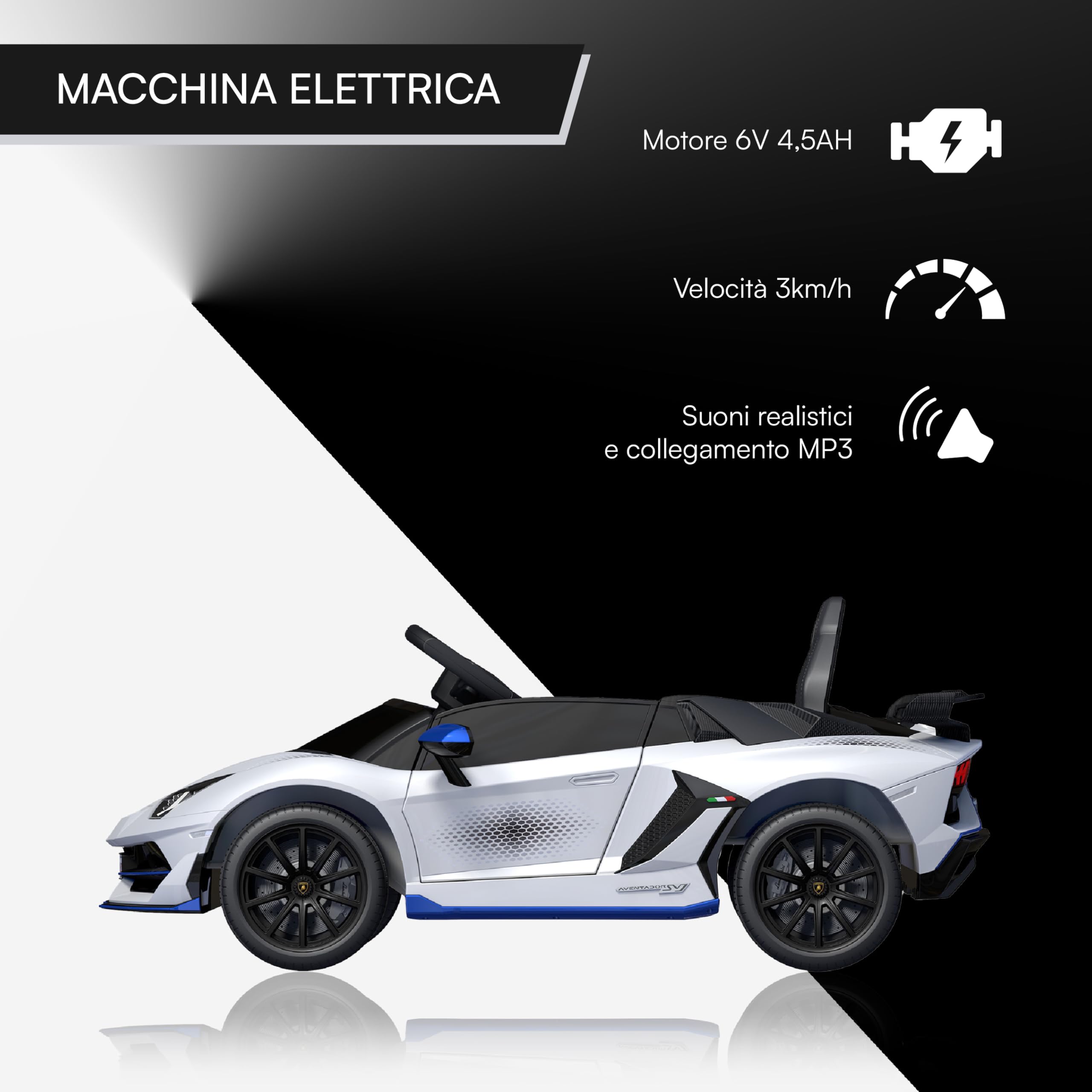 Baroni Toys Lamborghini Baby Car Elettrica 6V con Telecomando Genitori, Suoni, MP3, Retromarcia, Auto per Bambini 1-4 Anni, 100x60x50 cm Bianca