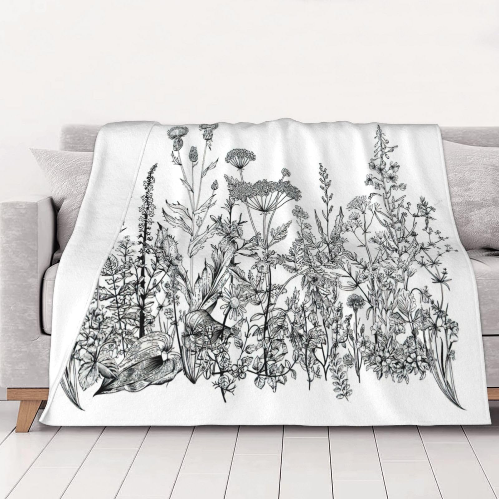 Couverture en flanelle super douce imprimé fleurs noires et blanches toutes saisons pour lit