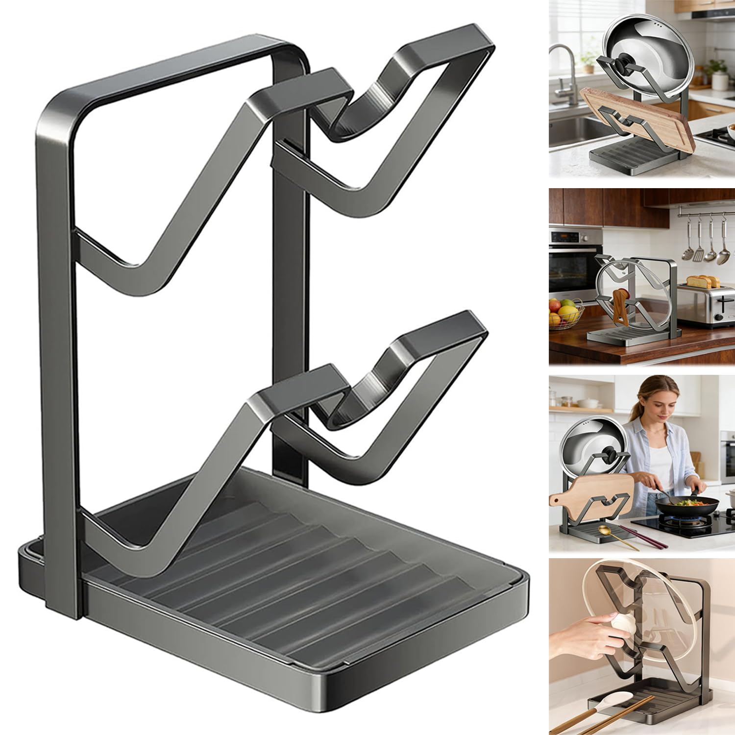 Organizador de tapa de olla con soporte, Organizador de tapa de olla con Bandeja Extraíble para Goteos, Soporte de tapa de olla de acero inoxidable de 2 capas, para cuchara para encimera de cocina
