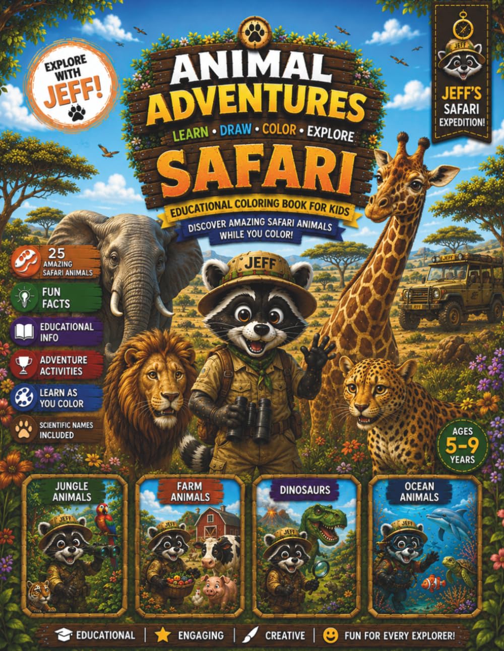 Animal Adventures: Safari Animals Coloring Book: Educational Safari Coloring Book for Kids Ages 5–9 | Learn & Color 25 Amazing Safari Animals with Fun ... (Animal Adventures with Jeff the Explorer)