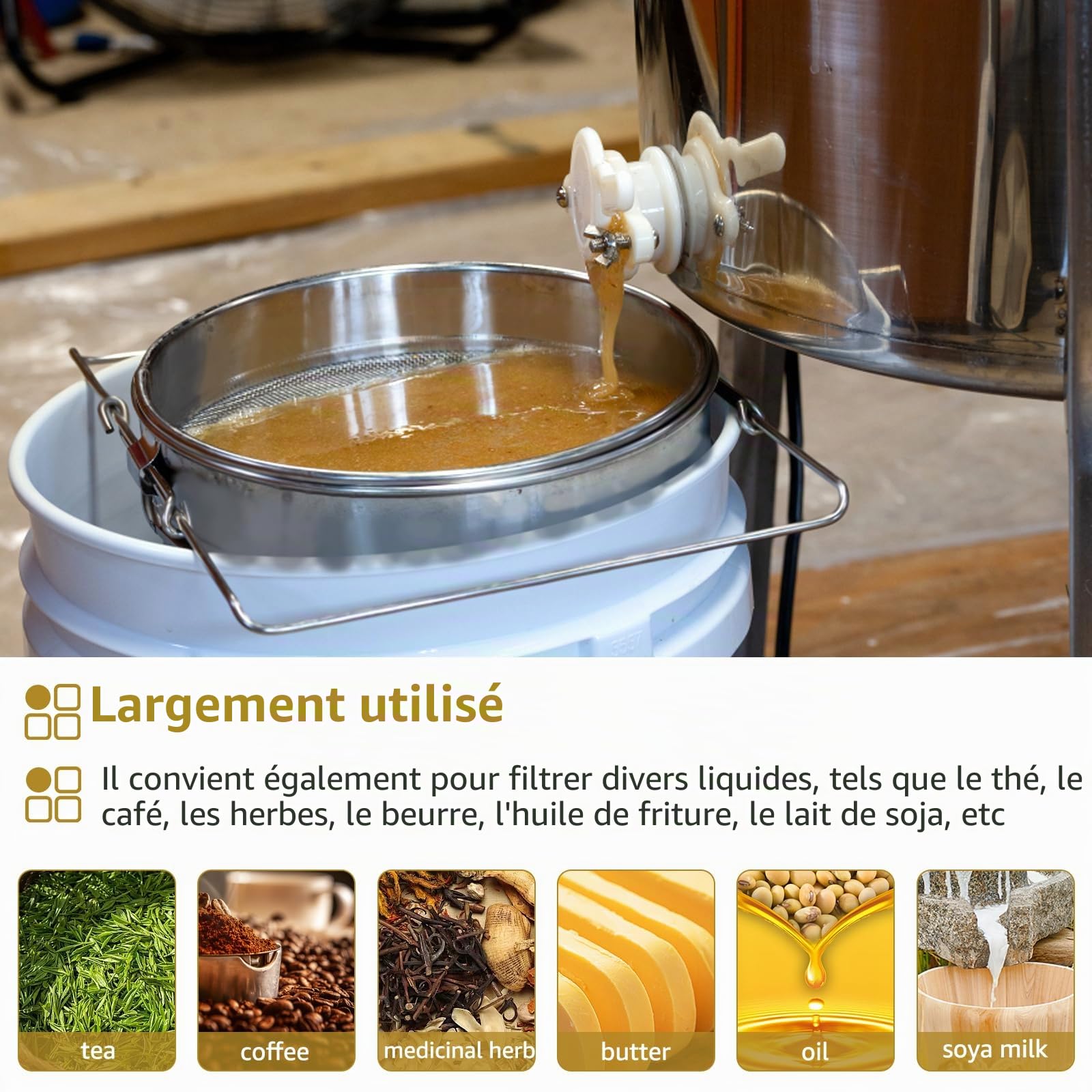 Double filtre à miel avec bras extensibles et grattoir, filtre à miel en acier inoxydable avec tamis pour seau de 5 gallons, miel propre