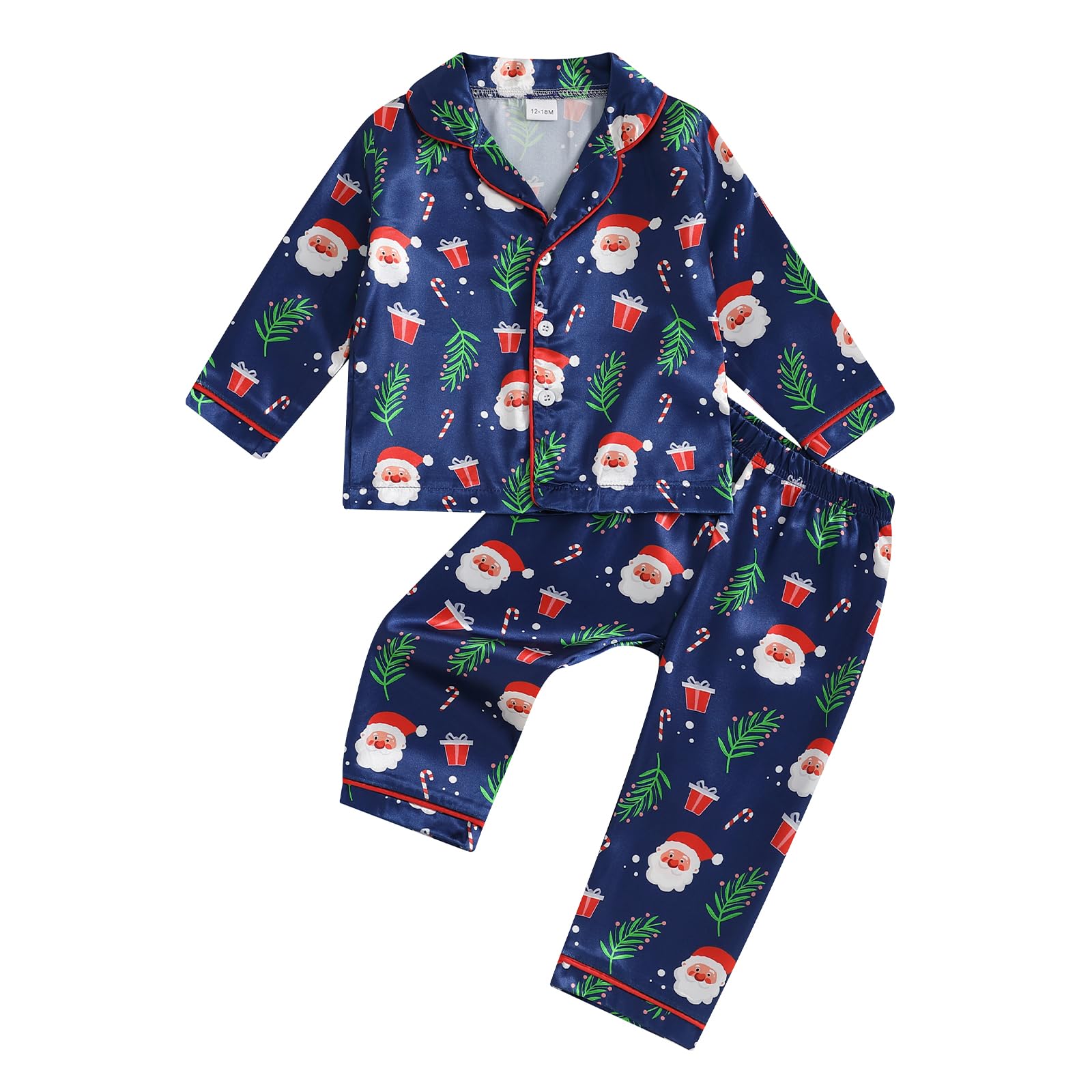 Ursobutegl Kids Baby Girl Pajamas Set Silk Christmas Tree Car Print Button Shirt Tops Pants Toddler Sleepwear Pjs Loungewear (Navy Blue, 12-18 Months)