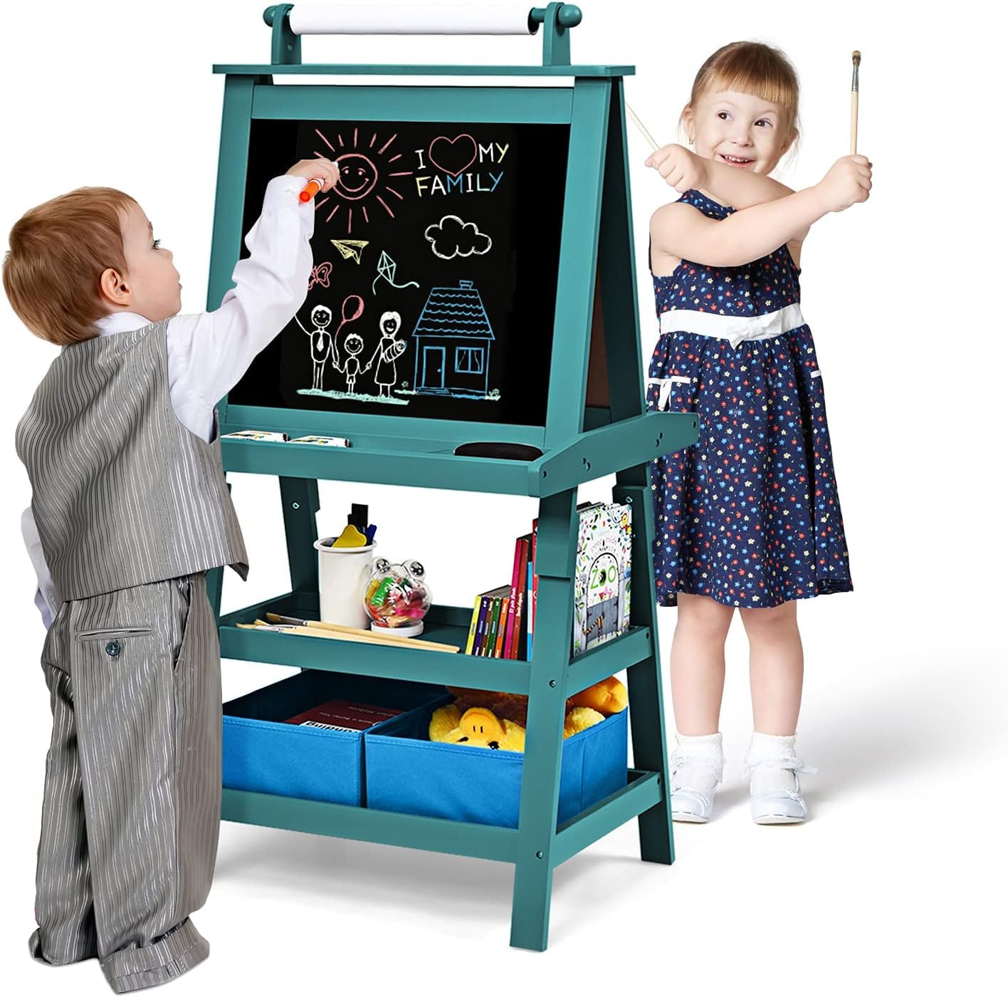 GOPLUS 3 en 1 Pizarra de pie para niños, Pizarra magnética y de tiza, Caballete de doble cara con caja de almacenamiento, para pintar y escribir, para niños Tinta. Papel para colorear e imanes (azul)