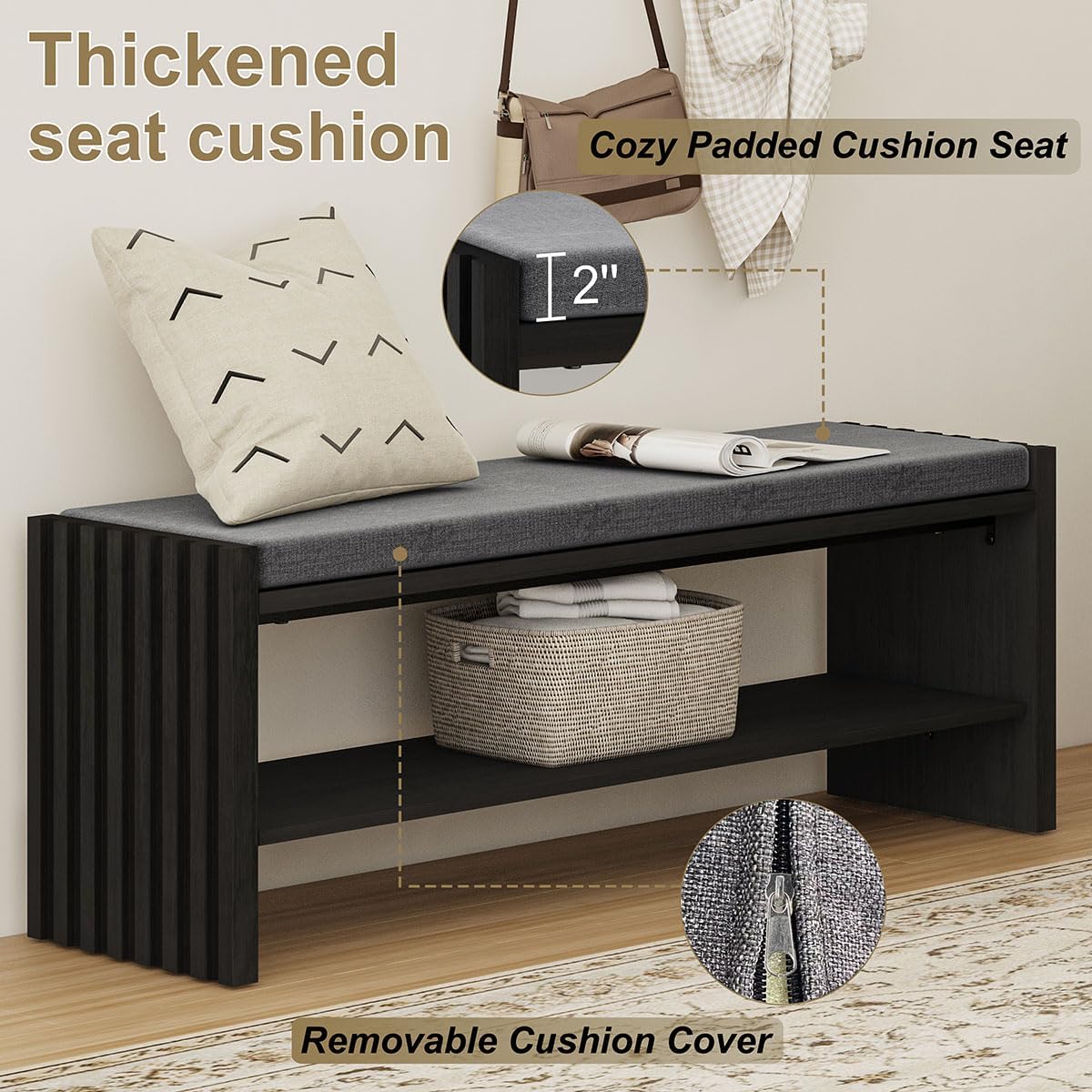 BON AUGURE 40" Entryway Shoe Bench with Storage & Cushion, Modern Fluted Shoe Rack for Mudroom, Sturdy Wooden Hallway Bench with 360 lbs Capacity, Black Oak