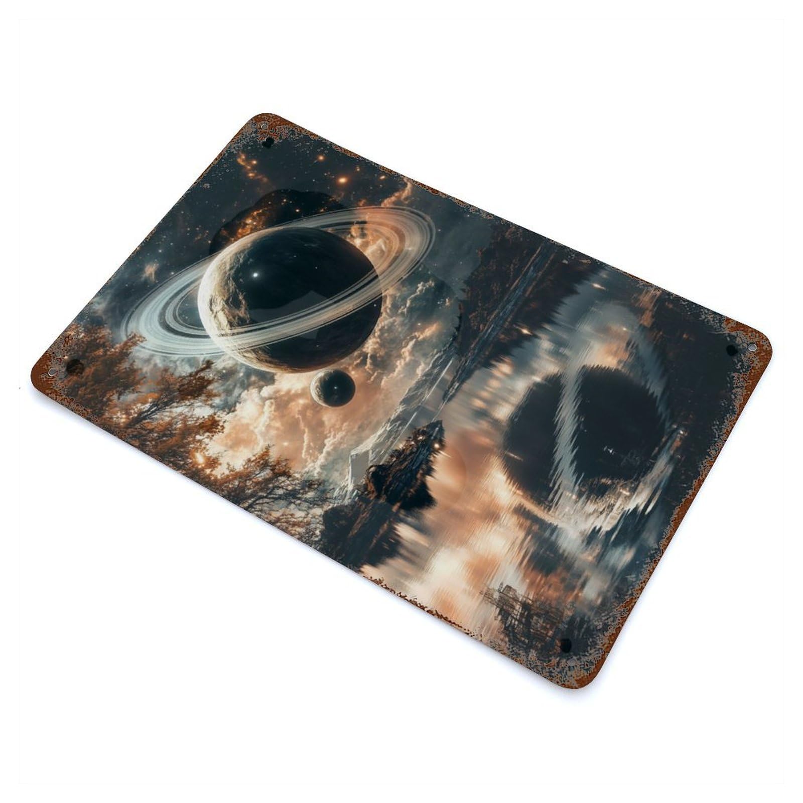 Interstellar Dreamscape Aged Metal Wall Plaque 11.8"x7.9", Farmhouse Wall Decor for Patio, Garden Room And Bar Decor