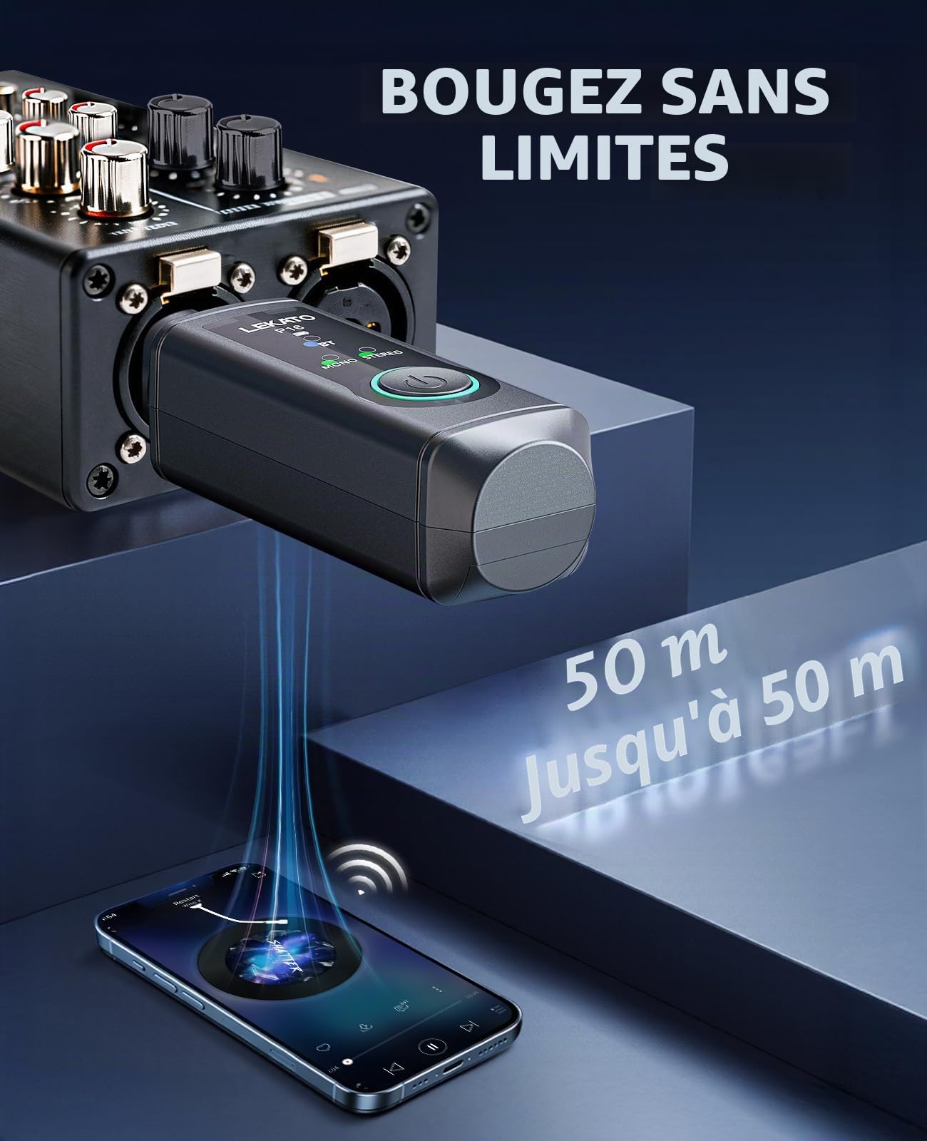 LEKATO Récepteur audio stéréo P16 XLR avec 15 heures de lecture, récepteur Bluetooth Hi-Fi avec portée de 50,3 m pour systèmes PA et DJ, mixeurs