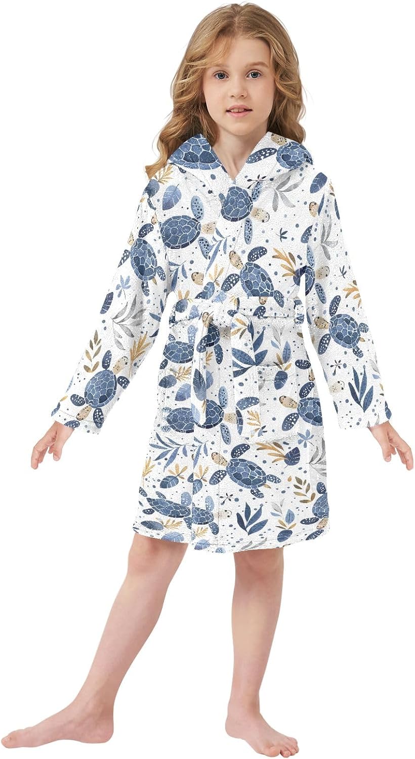 Sea Turtle Style Toddler Hooded Bathrobe for Boys Girls Soft Plush Bath Towel Robe 2-12 Years