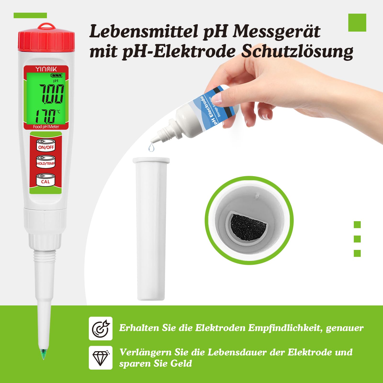 Digitales pH Messgerät, YINMIK pH Tester für Lebensmittel mit Kalibrierlösung, pH Wert für Fermentation, pH Lebensmitteltester für Teig, Sushi Reis, Kombucha, Seife, Käse,Fleisch, Pool und wasser