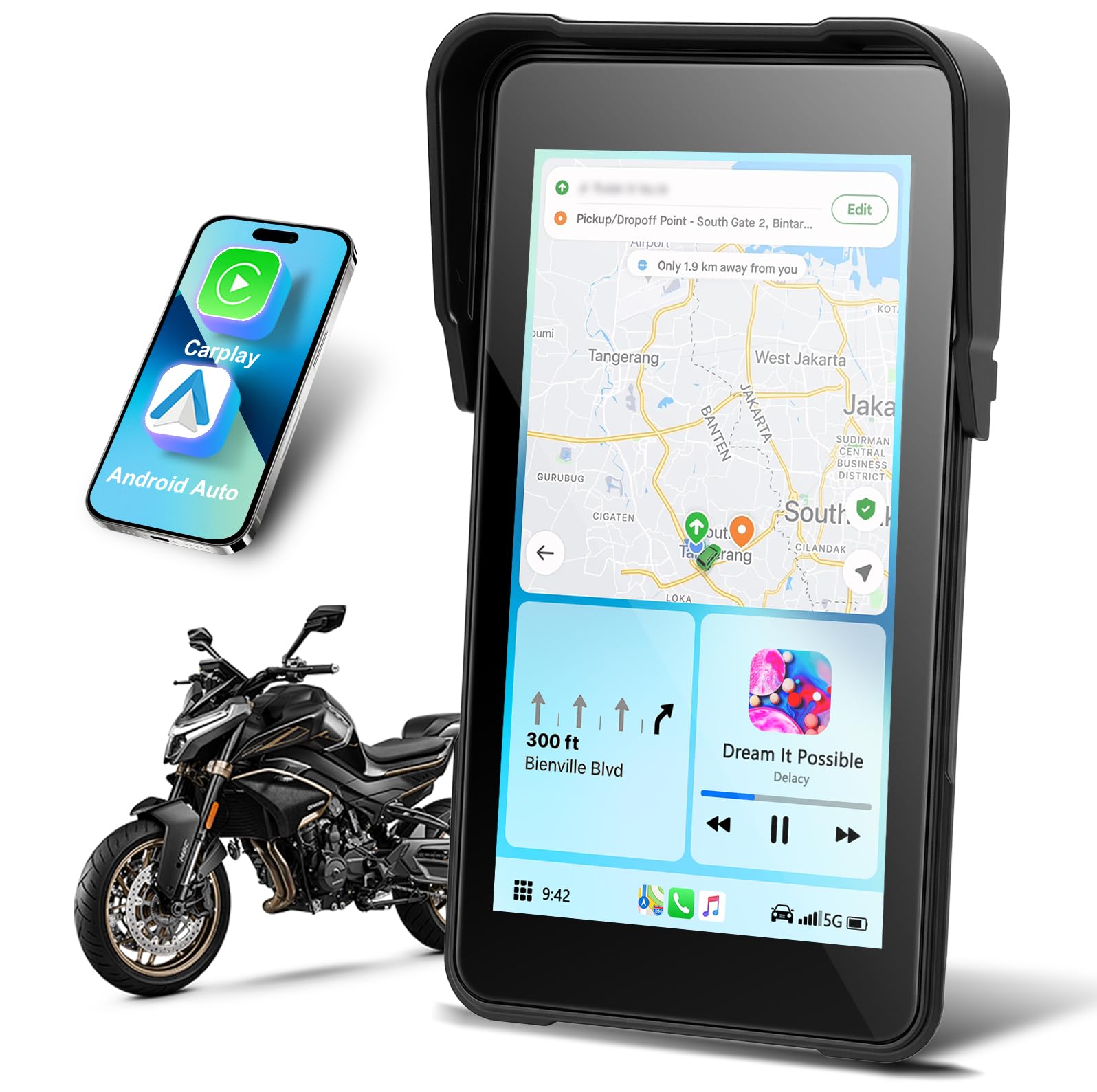 Écran Portable Carplay pour Moto, sans Fil CarPlay et Android Auto pour Moto, 5 Pouces Écran Tactile Étanche avec Bluetooth, Navigation GPS, Siri/G00gle Assistant