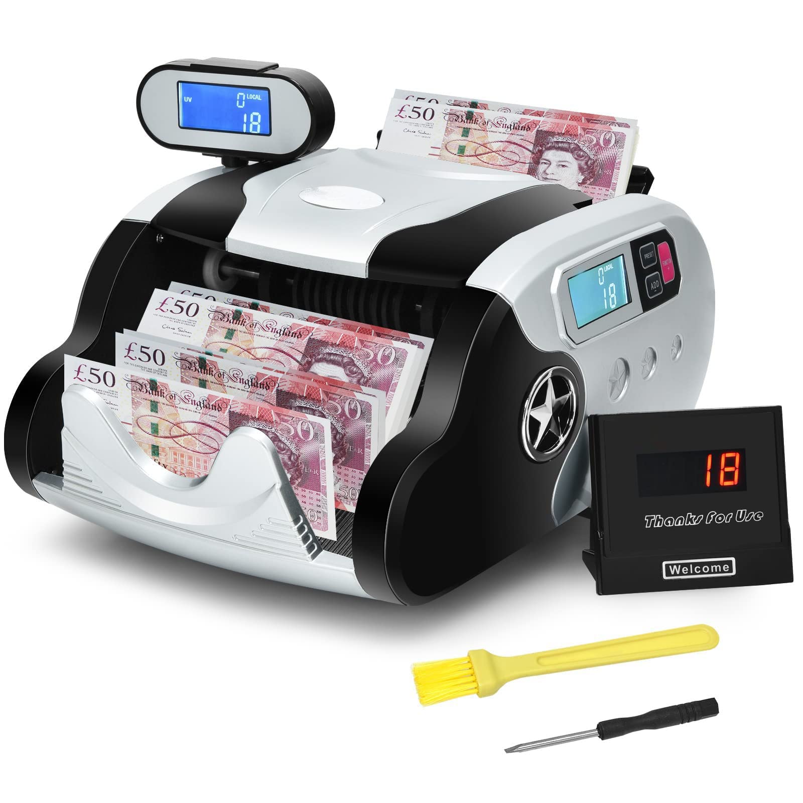 Conta Banconote multivaluta ad Alta velocità con rilevamento di contraffazioni UV MG, Display a LED e Spazzola per la Pulizia per Banche, Negozi e scuole