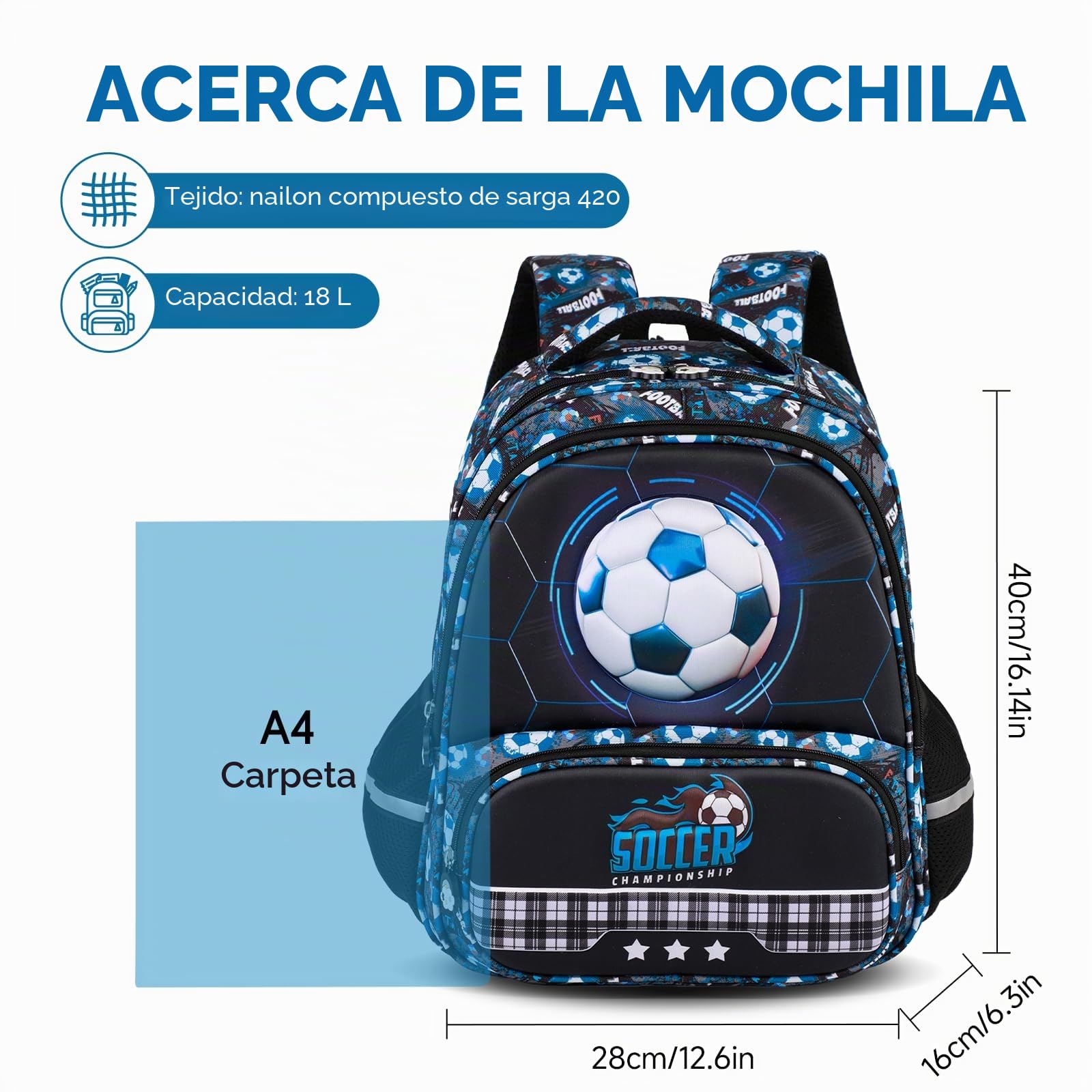 Amythe Mochila Escolar Niños Clases de 1 a 5 Transpirable, Balón de fútbol | Grande Reflectante Impermeable Correa Pectoral Balón de fútbol Daypack Multi-Bolsillos Espacioso Resistente para Colegio