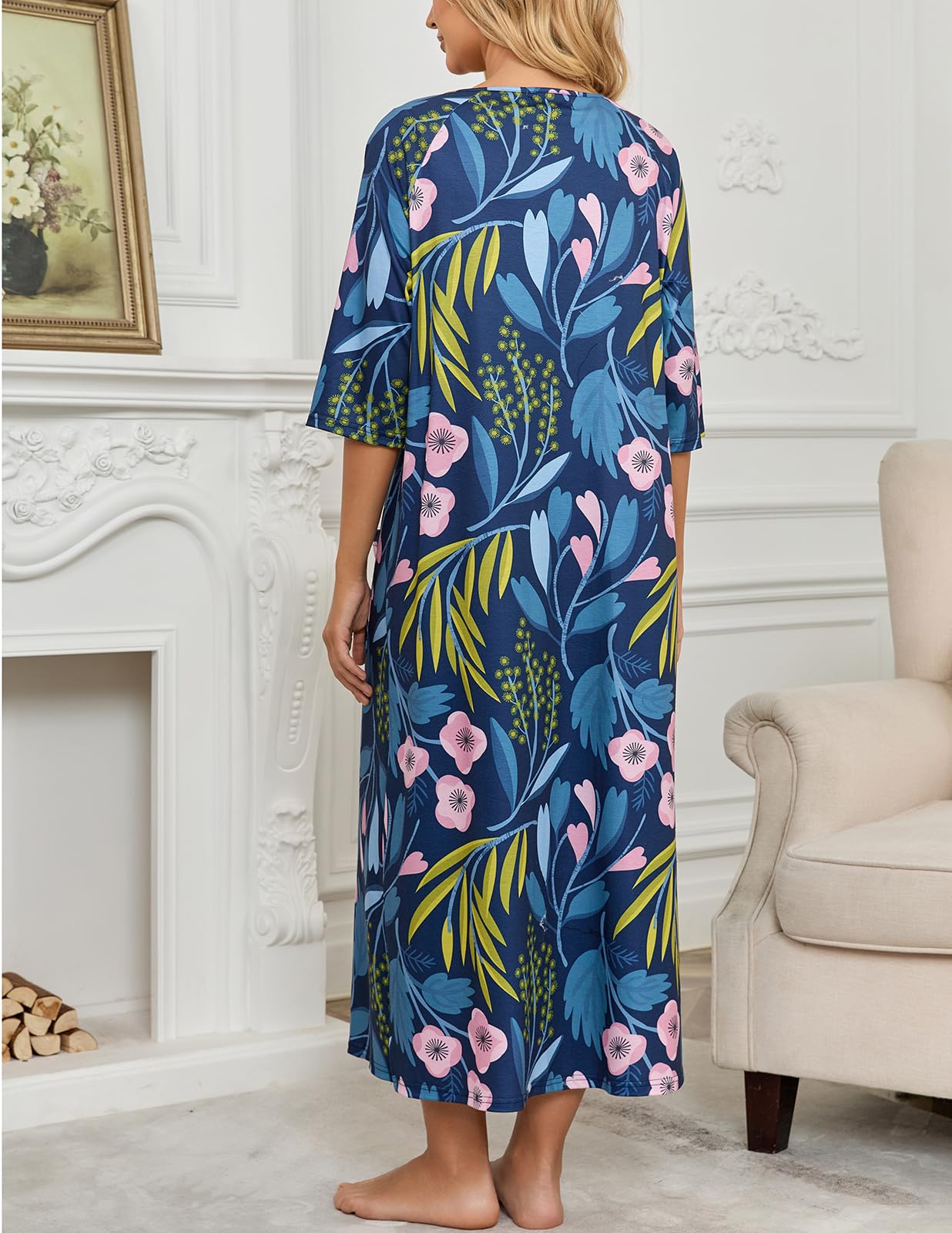 Rubehoow Manteau de maison pour femme avec fermeture éclair sur le devant, peignoir à manches mi-longues en coton doux avec poches