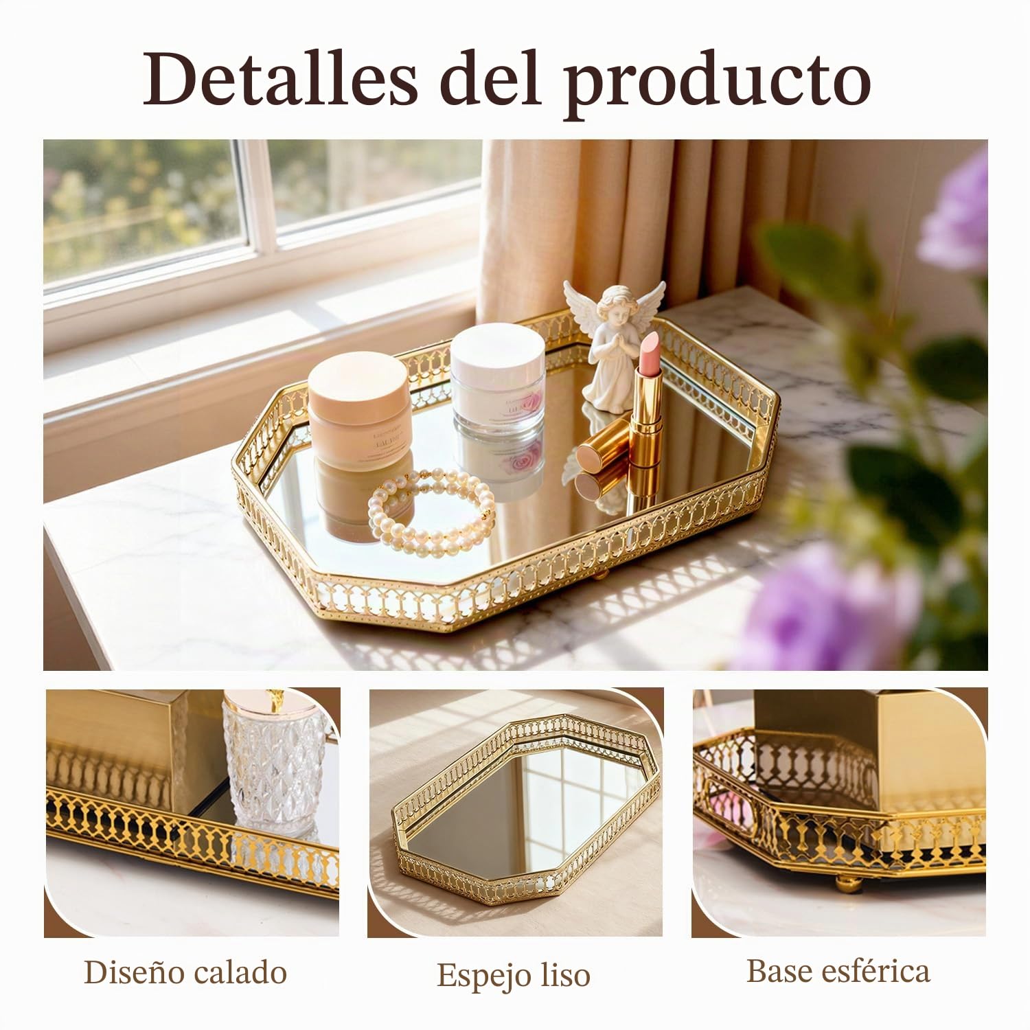 Bandeja Decorativa con Espejo de Dorado, Geométrica Plato Decorativo para Servir Organizador de Perfume de Maquillaje para Tocador, Encimera de Baño