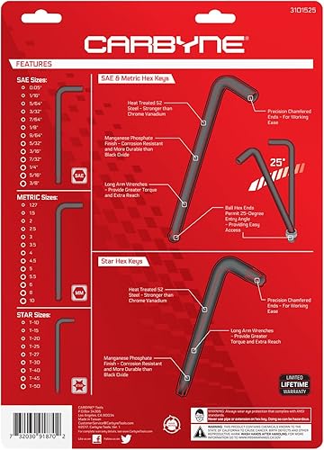 Vista 3 de Carbyne Juego de llaves Allen con extremo de bola de brazo largo de 35 piezas, pulgadas/métricas/torx. Incluye hexagonal métrico 0.050 in-0.394 in