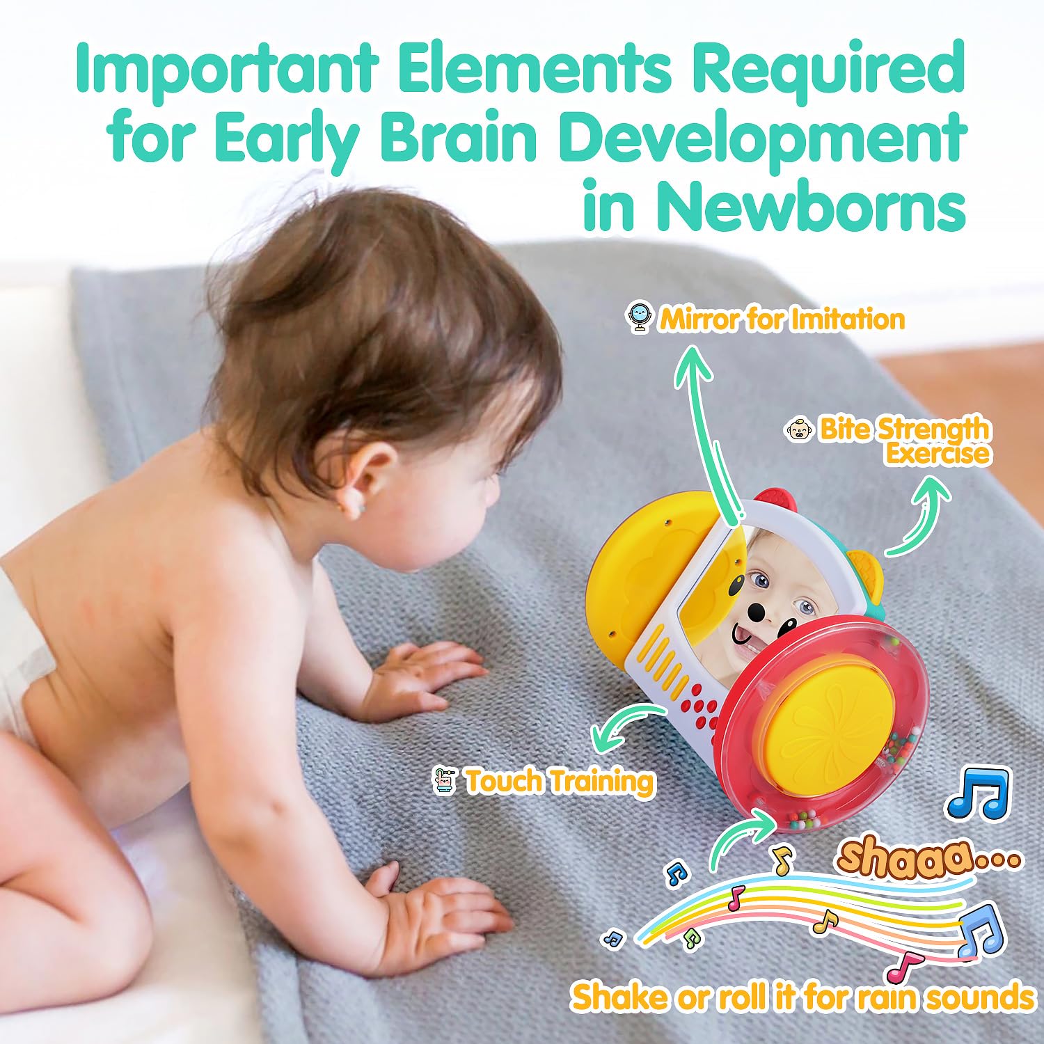 Juguete de actividad de espejo para el tiempo boca abajo para recién nacidos a 12 meses con mordedores, espejo infantil para gatear, juguetes Montessori para el desarrollo cerebral, estimulación 3