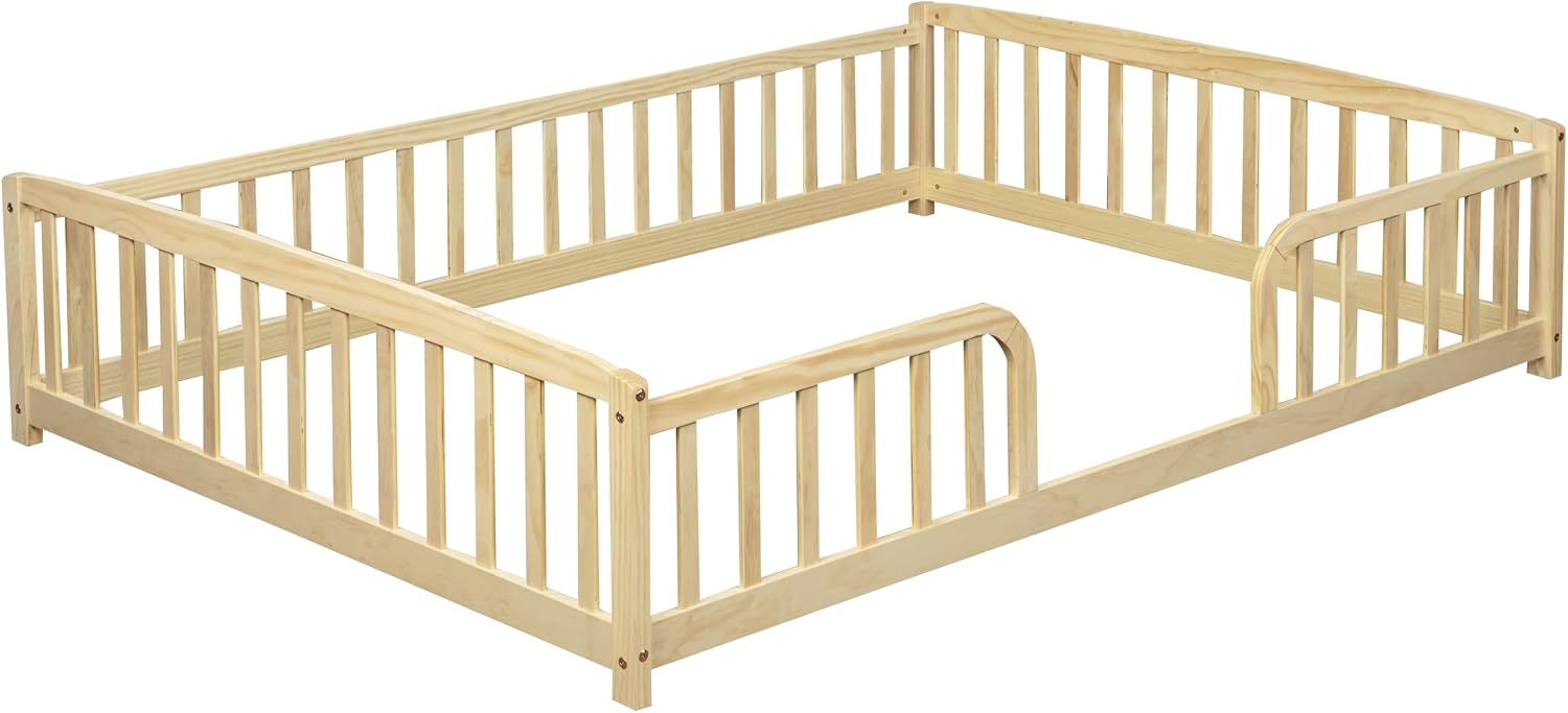 Bellemave Montessori Floor Bed Full with Central Entrance and Full Surrounding Guardrails, Low Pine Wood Full Size Floor Bed Frame for Kids, Girls, Boys, No Box Spring Needed, No Slats, Natural