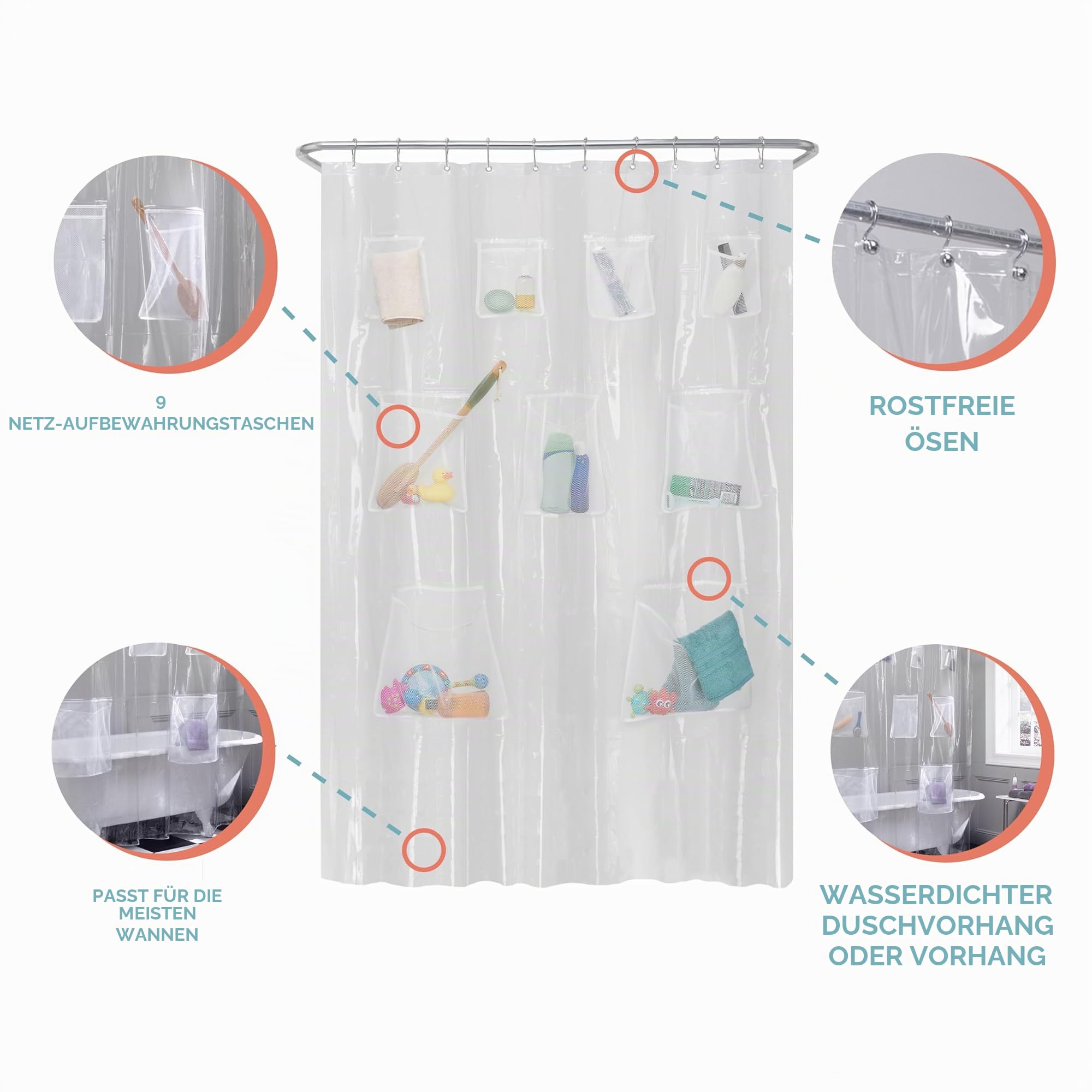 Zenna Home Maytex Schnell trocknende Netztaschen, wasserdichter PEVA-Duschvorhang oder -Auskleidung, für Bad/Dusche, transparent, 178 x 183 cm