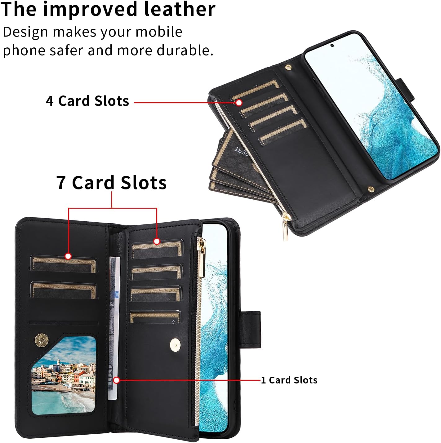 Wallet Case for Samsung Galaxy S21 FE 5G Wrist Strap Crossbody Shoulder Strap Zipper Purse Card Holder Slots Protector Stand Phone Cover S 21 EF S21FE5G UW S21FE 21S G5 6.4 inch Girls Black