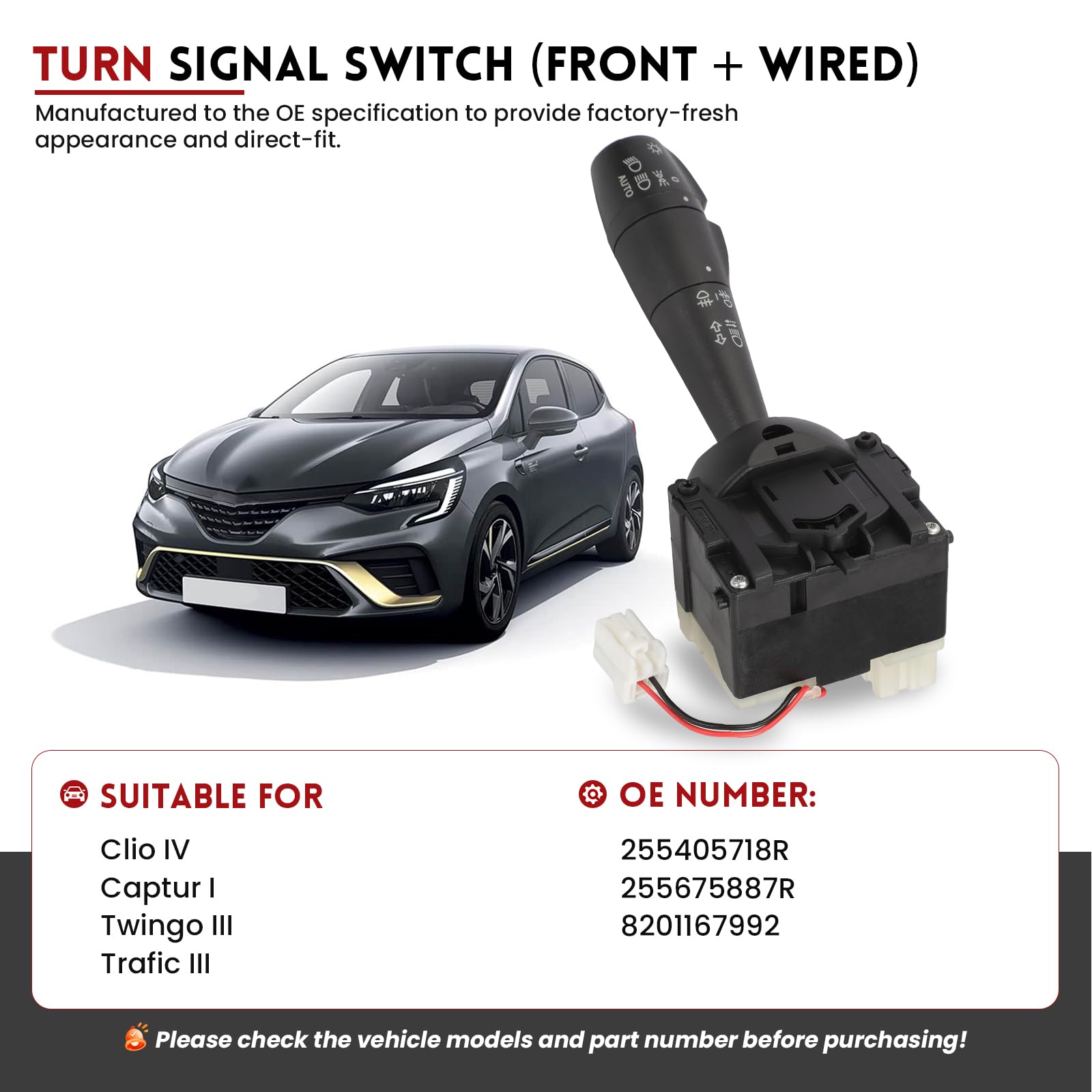 Comando Devioluce per Clio 4 Twingo 3 Trafic 3 Captur 1, 8201167992 Interruttore Colonna Sterzo Devio Luci per Clio IV Captur I Twingo Trafic III Interruttore frecce direzionali 255675887R 255405718R