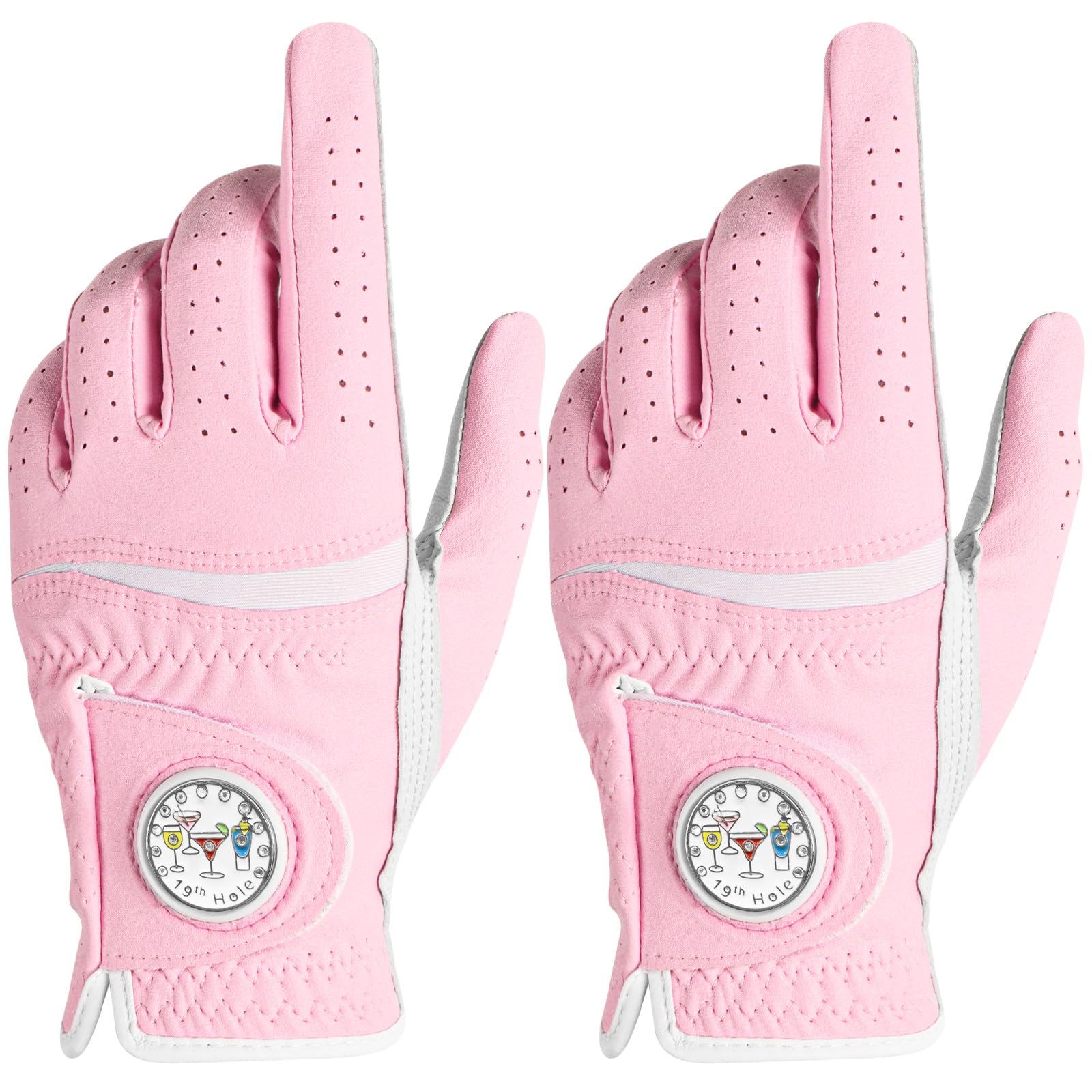 AXKAL Premium Comfortable Women's Golf Gloves with Ball Marker 2 Pack, All Weather Grip Soft Glove for Left Right Handed Golfers, Regular Breathable Fit Gift for Ladys (Pink, S Left)