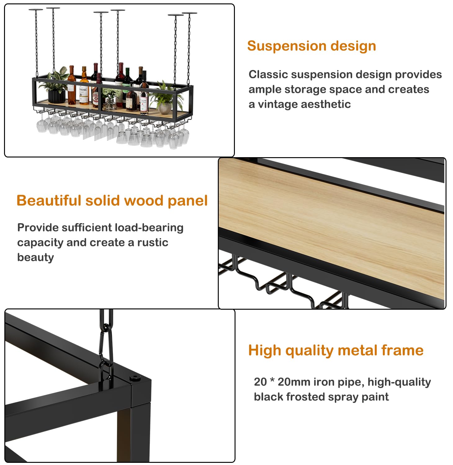 MSFE Portabottiglie da Soffitto Industriale Mensola da Soffitto Porta Bicchiere da Vino Sospeso Regolabile in Altezza Espositore Portabottiglie per Cucina Bar Caffetteria (120CM)