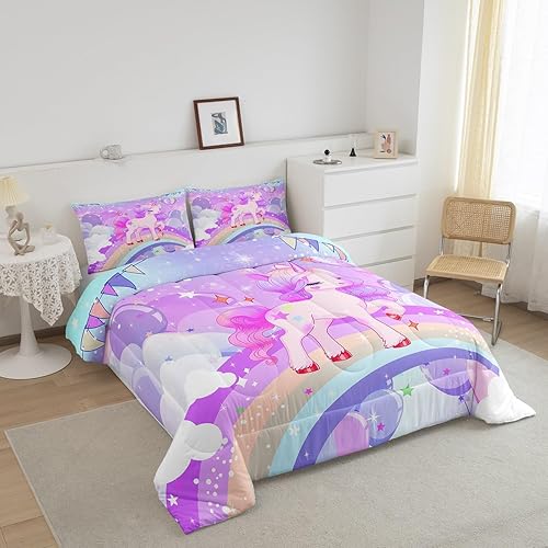 Miniatura 4 de Feelyou Juego de ropa de cama de unicornio para niñas, tamaño individual, diseño de unicornio arcoíris, reversible, diseño de estrellas de dibujos