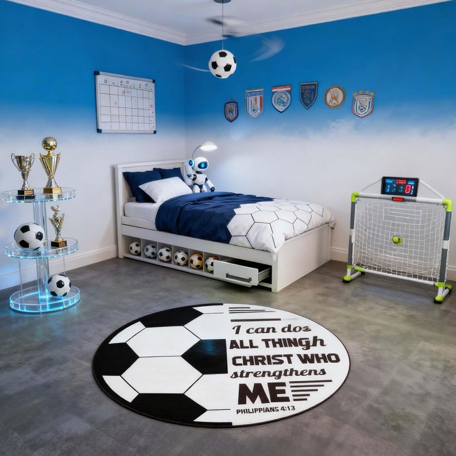 35.4Inch Soccer Bath Rug,Washable Soccer Sports Kids Room Rug Doormat,Non-Slip Play Mat Bathroom Rug, Christian Door Mat Floor Carpet, Suitable for Living Room Entryway Bathroom Kitchen Bedroom