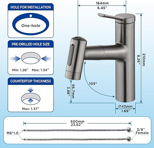 Miniatura 5 de Grifo de baño con rociador extraíble, grifo de lavabo de baño de un solo agujero, cromado de una sola manija, grifo de tocador con boquilla