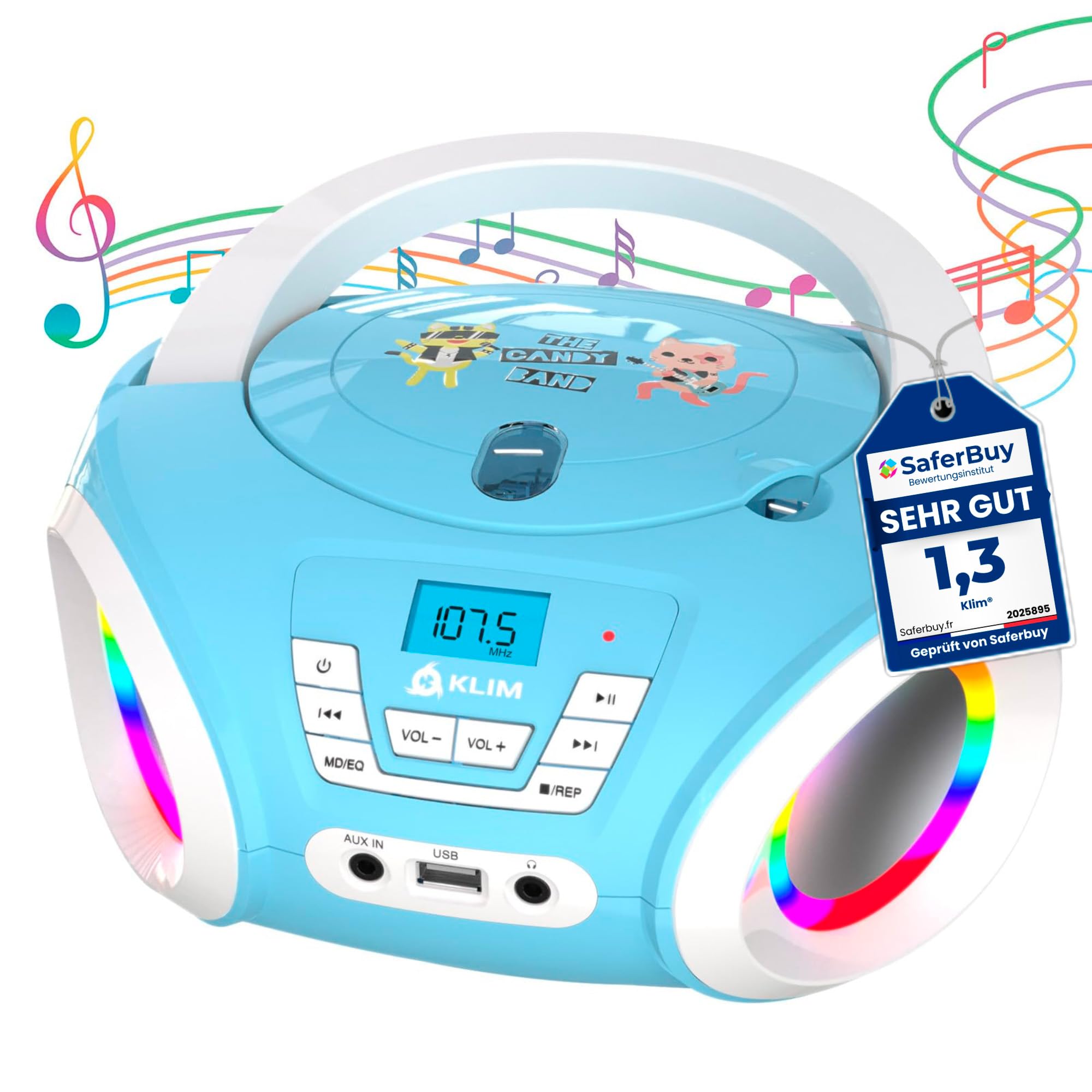 KLIM Candy Kinder Boombox CD-Player NEU - UKW-Radio - Inklusive Batterien - Blau - CD Spieler mit Lautsprechern - Perfekt für Kinder und Kleinkinder