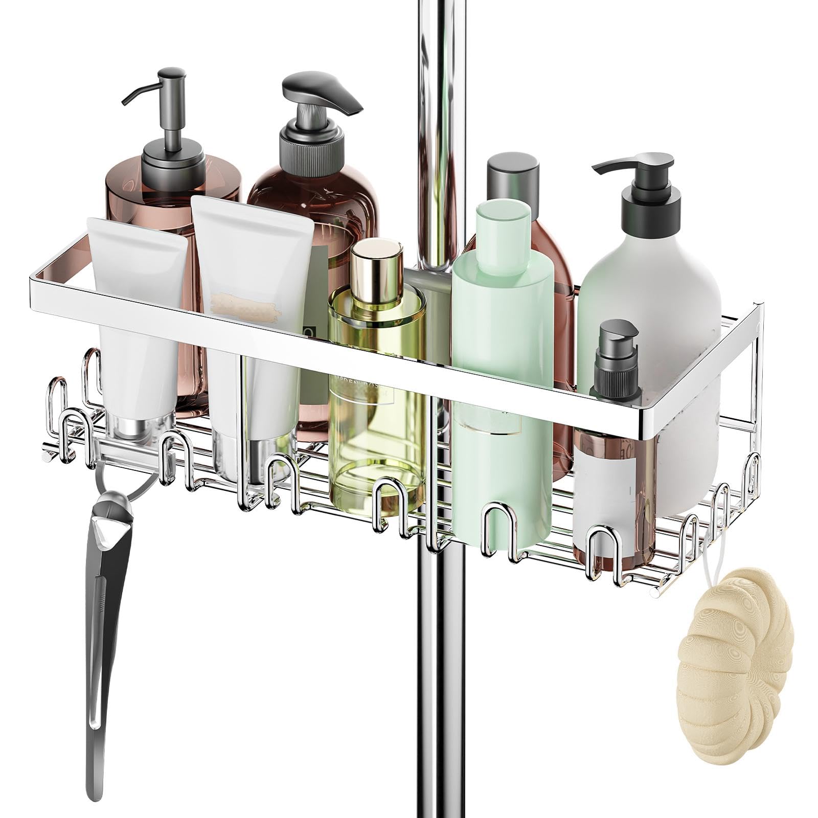 HouseUp Duschablage Ohne Bohren (NUR für RUNDE Stangen 18mm-25mm), Duschstangen-aufbewahrungsregal Shampoo Halterung für Dusche, Badezimmer Organizer Duschregal (Silber)