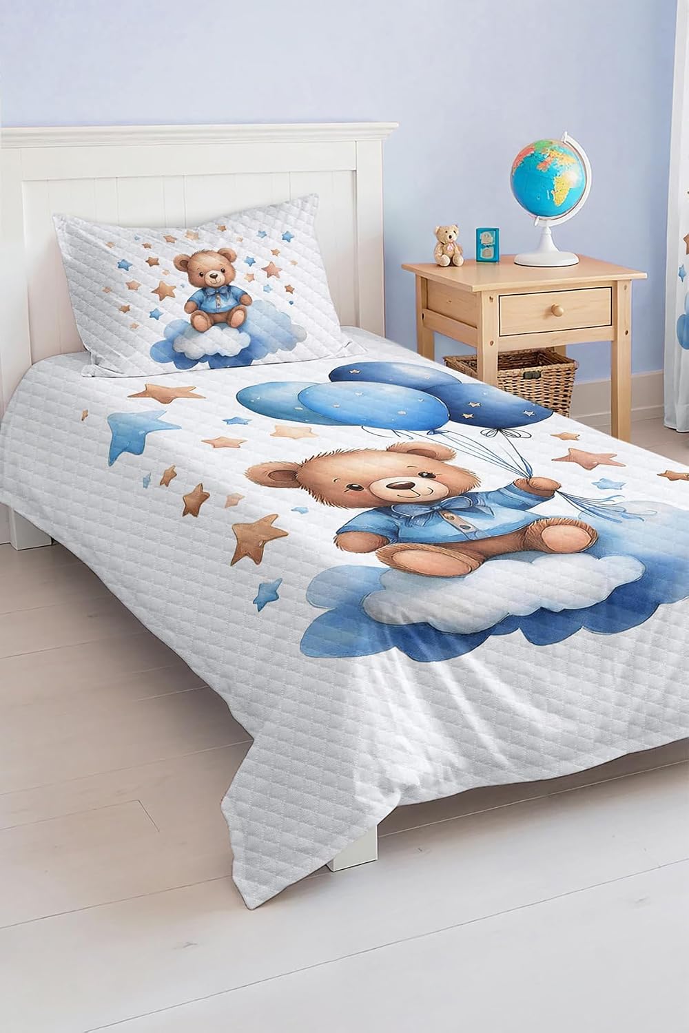 SODEF Bedding Set Twin Size Balloon and Bear Pattern Blue Kids and Teens Room Quilt Set Lightweight Breathable Cotton Polyester Blend 2 Piece - Multicolor, One Size