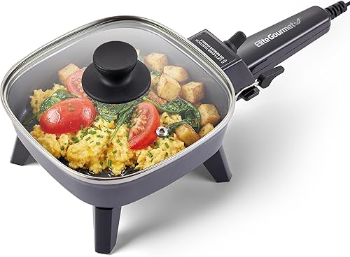 Elite Gourmet EFS059 Sartén eléctrica personal, cocina portátil compacta de 7 pulgadas, temperatura ajustable, calentamiento rápido de 600 W,