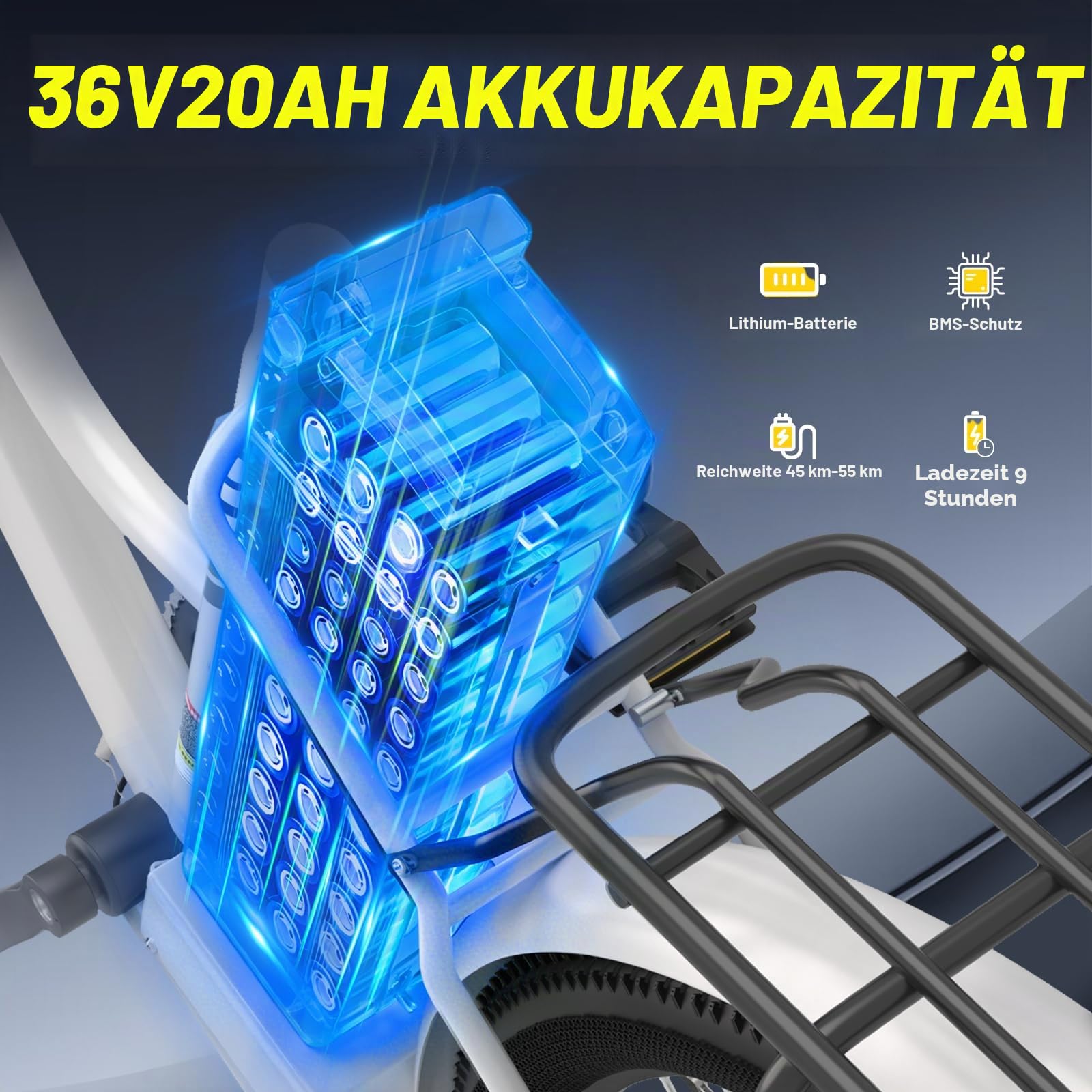 TIGUOWISH E-Bike 26 Zoll mit 100-120KM Reichweite, 250W E-Bike Damen Herren, 36V20AH Akku & 7 Gang, Elektrofahrrad mit LED-Display, Federung & 120KG Belastung für Stadt