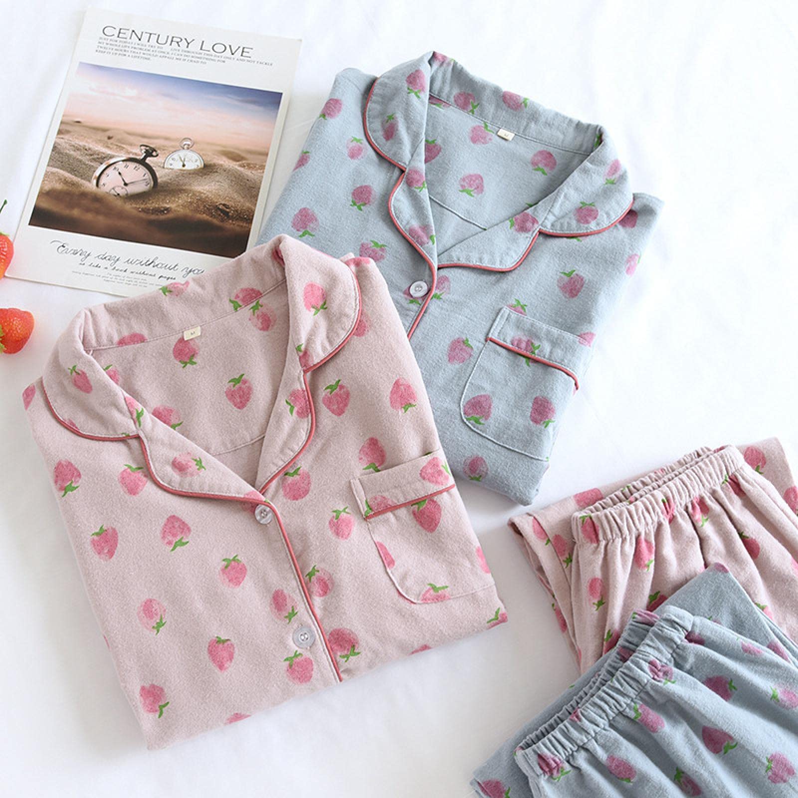 Un Pijama Cómodo Pijamas De Mujer Pijamas De Mujer Pijamas De Otoño Conjunto De Pijamas De Mujer Pantalones De Manga Larga De Algodón Puro Ropa De Dormir para Mujer,Strawberry-Blue-M